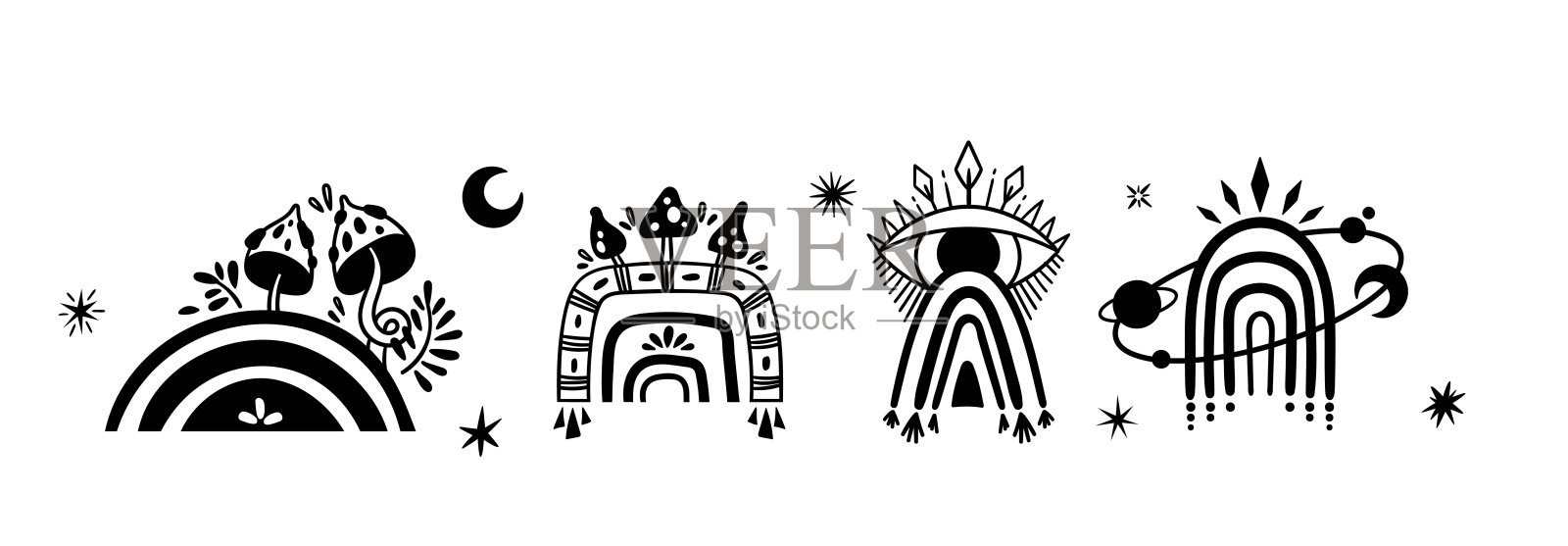 神秘的波西米亚彩虹孤立剪贴包，黑色和白色彩虹天国收集，魔术彩虹剪影，深奥的对象向量插画图片素材
