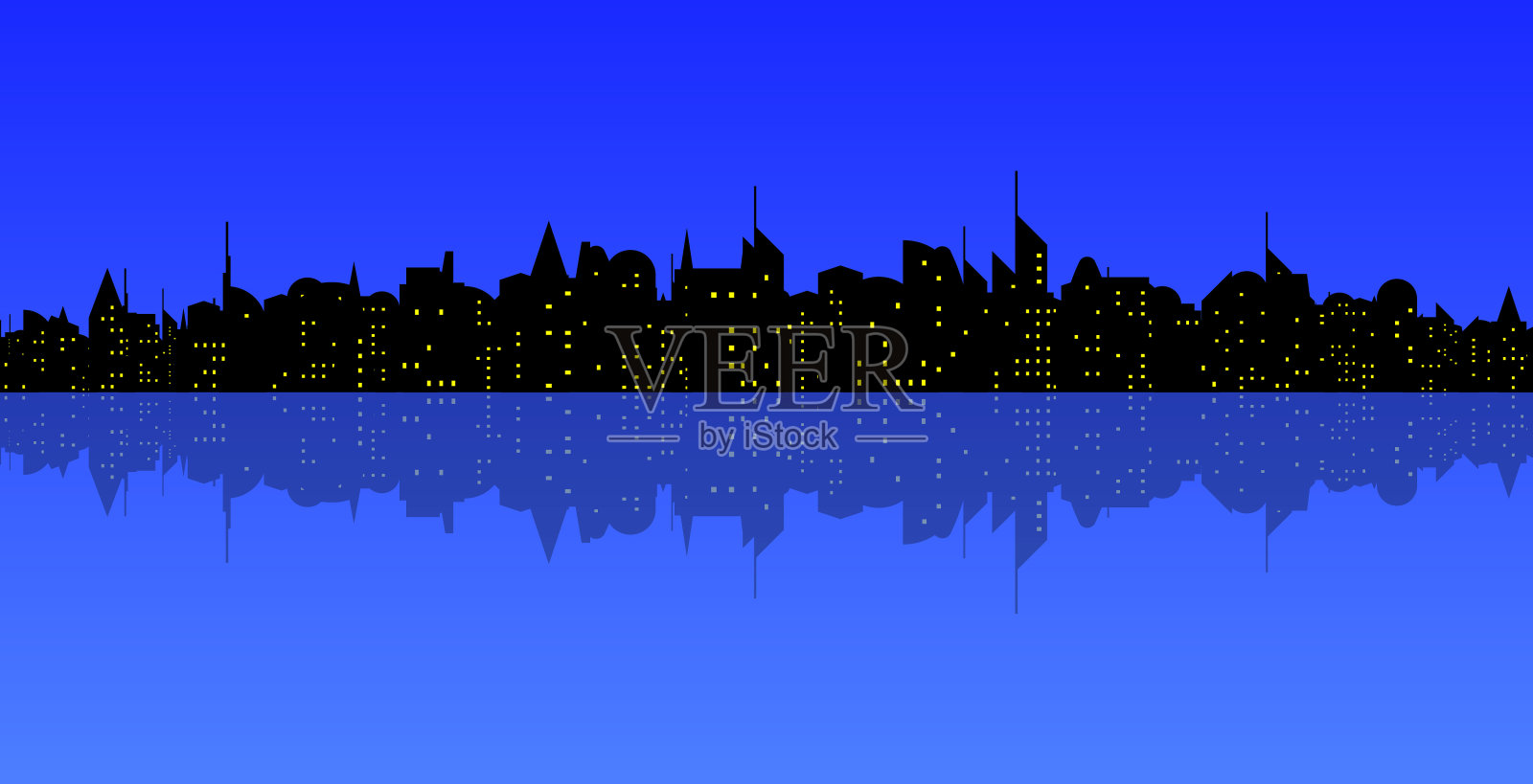 夜景的蓝色城市摩天大楼，与反射插画图片素材