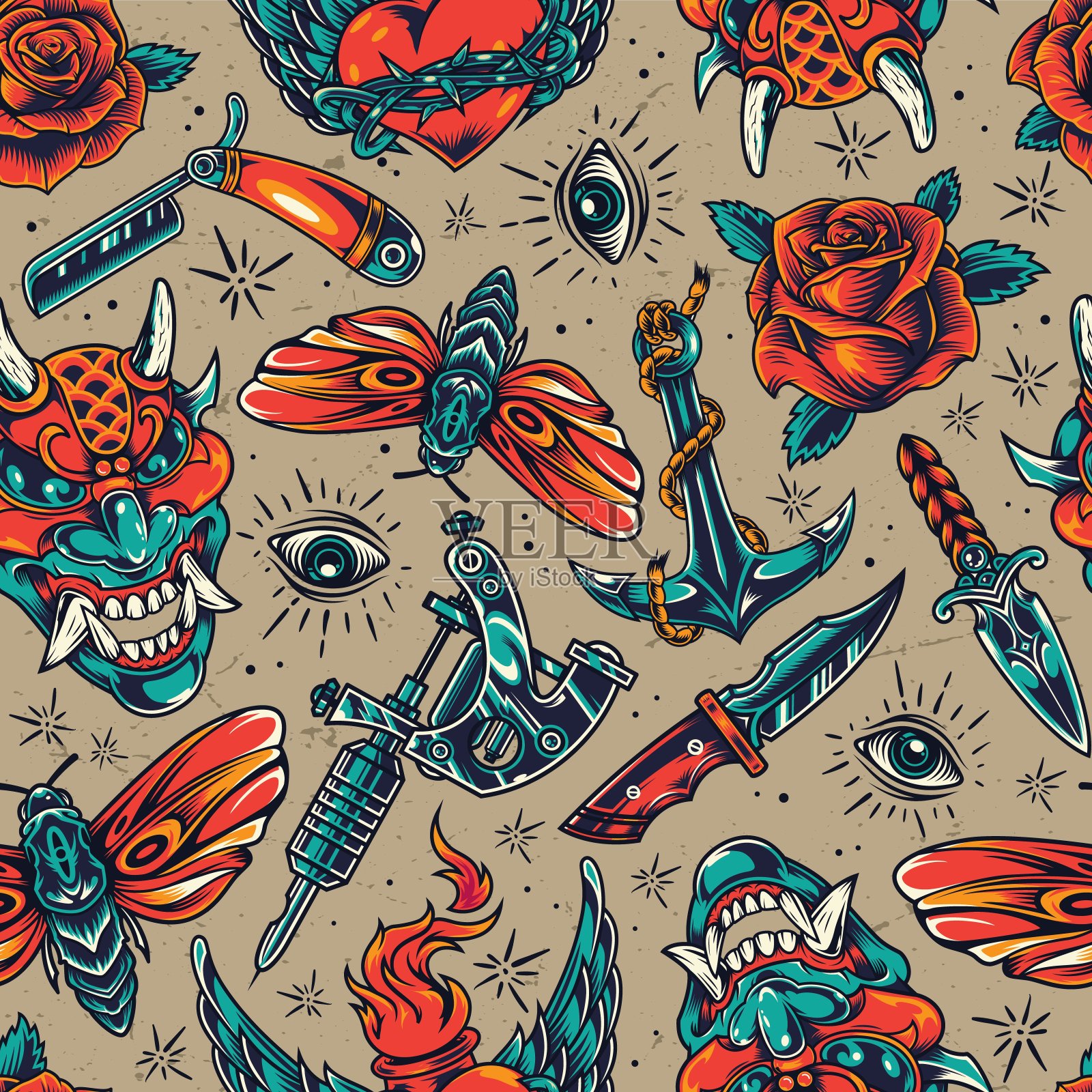 复古的彩色纹身无缝图案插画图片素材