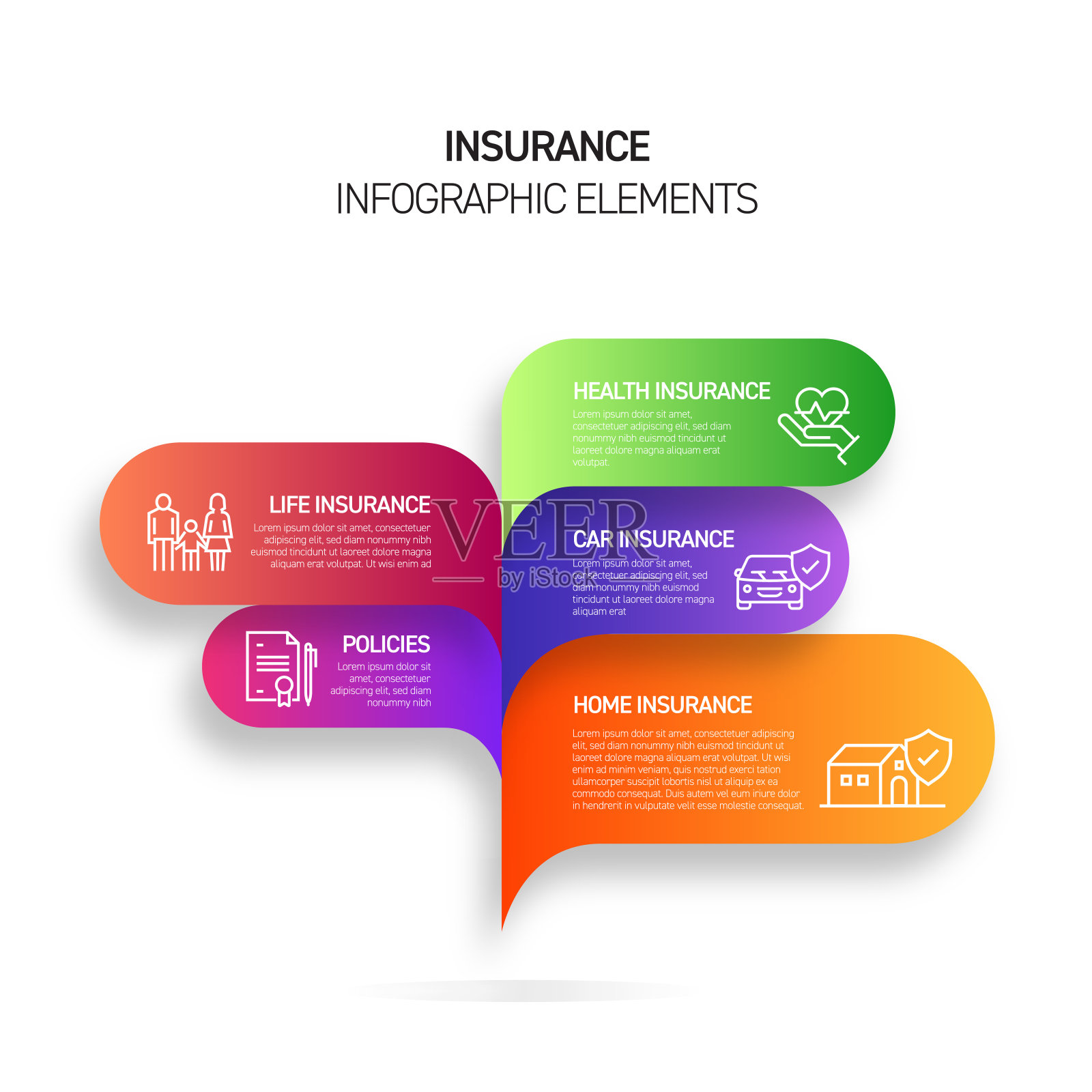 保险相关的信息图设计模板与图标和5个选项或步骤的过程图，演示文稿，工作流程布局，横幅，流程图，信息图。插画图片素材
