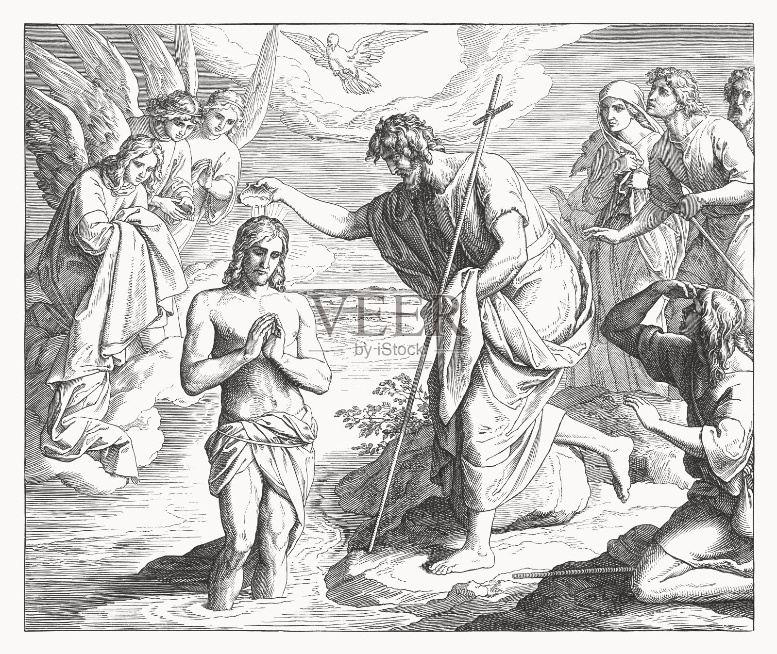 《基督的洗礼》(马可福音1,9 -11)，木版画，1860年出版插画图片素材