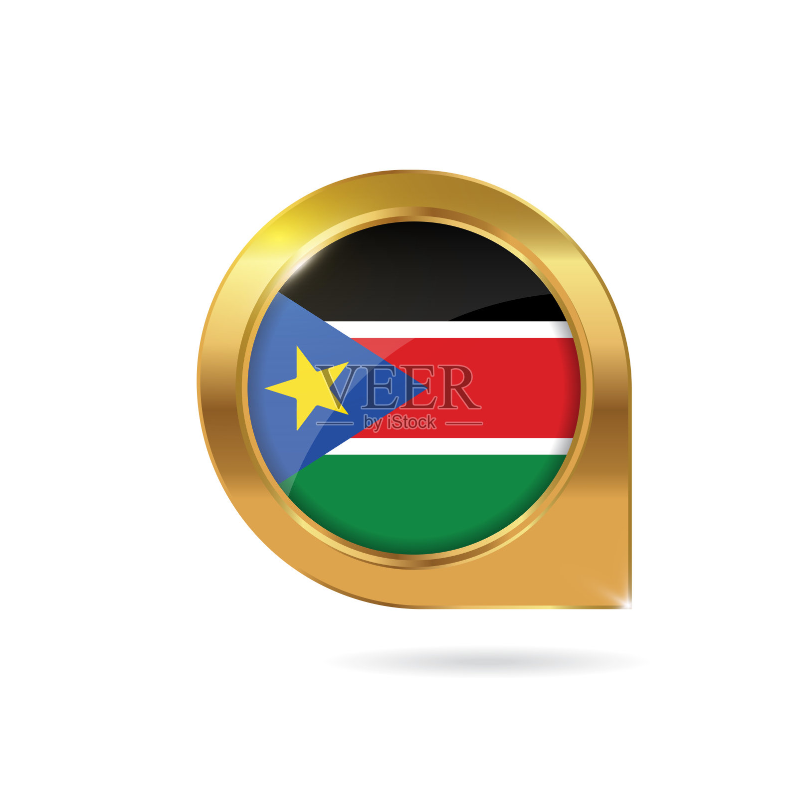 南苏丹国旗位置地图图钉图标，金色边框插画图片素材
