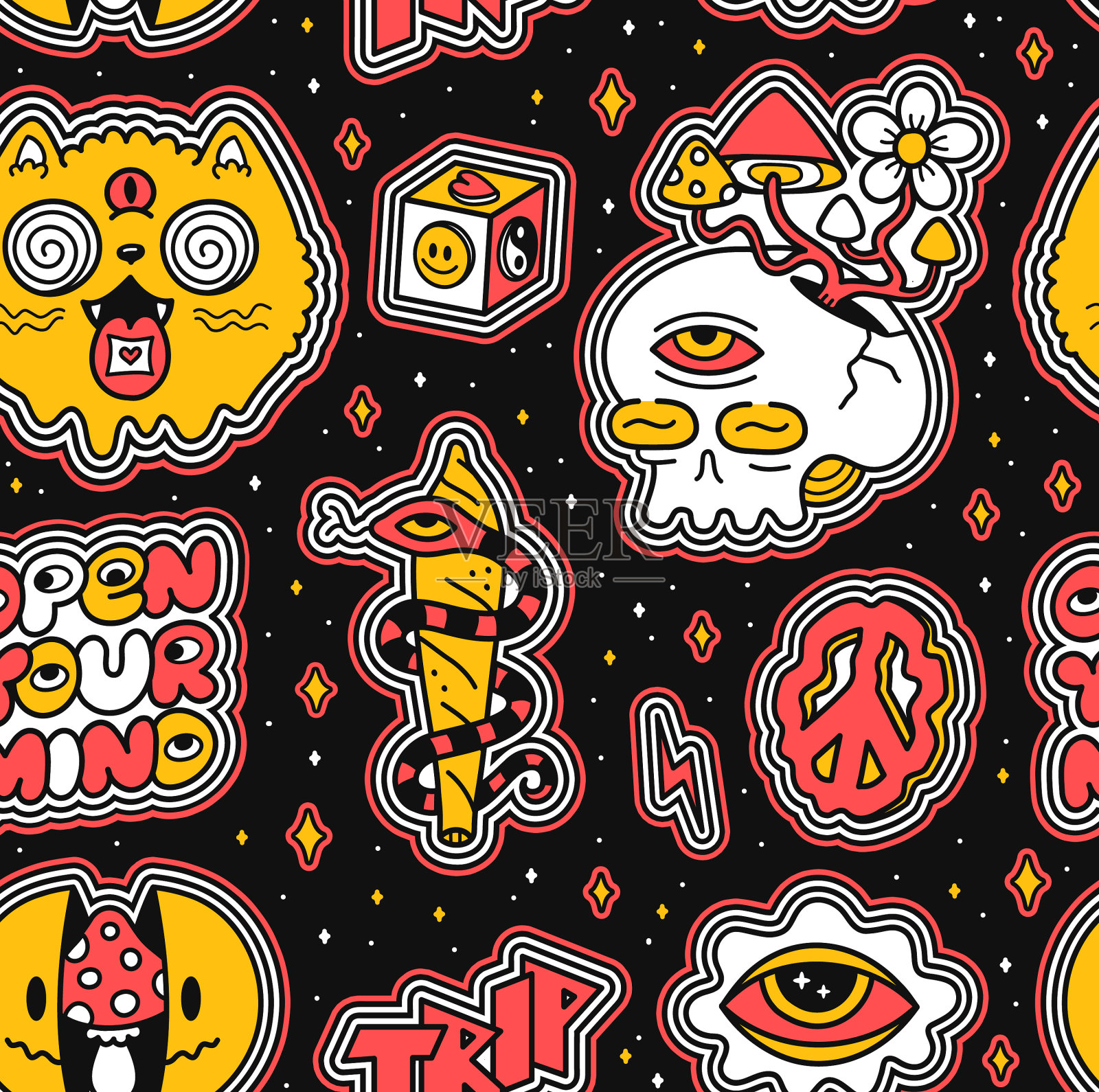 有趣的疯狂的迷幻的无缝图案插画图片素材