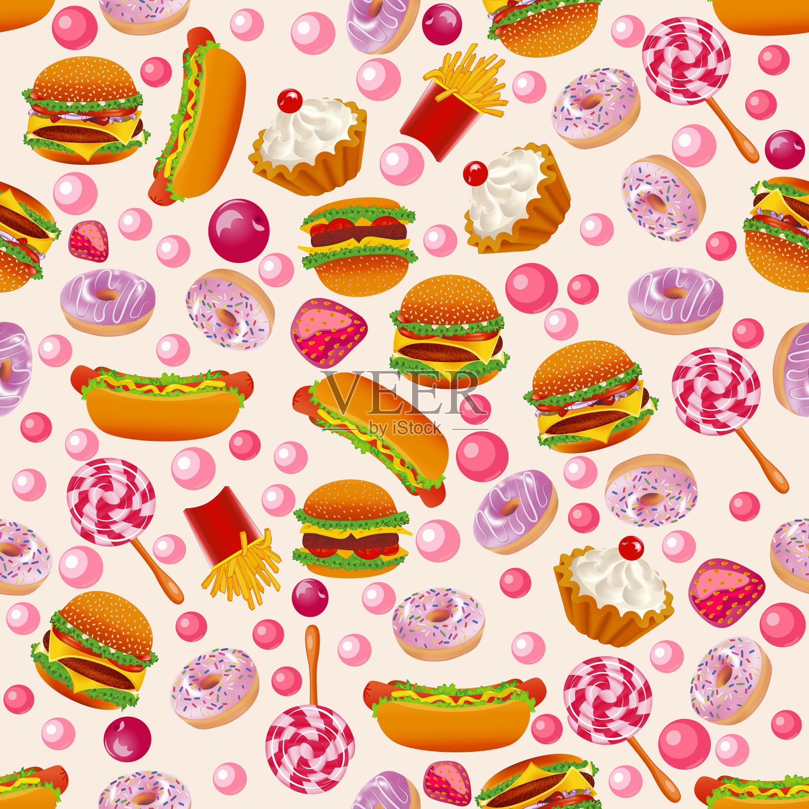 快餐无缝模式与甜甜圈汉堡插画图片素材