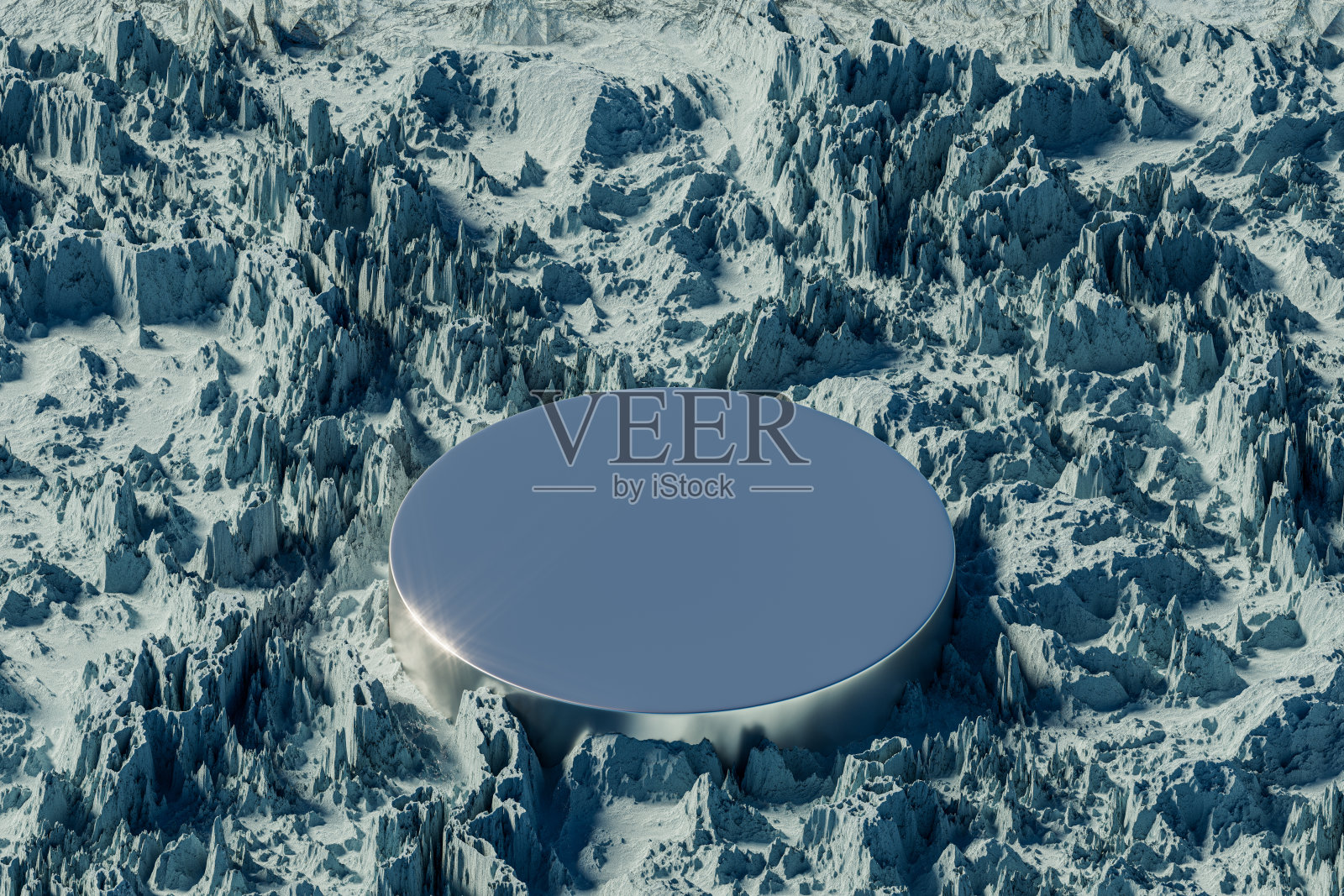 3d呈现圆形金属基座在超现实主义的岩石景观背景照片摄影图片