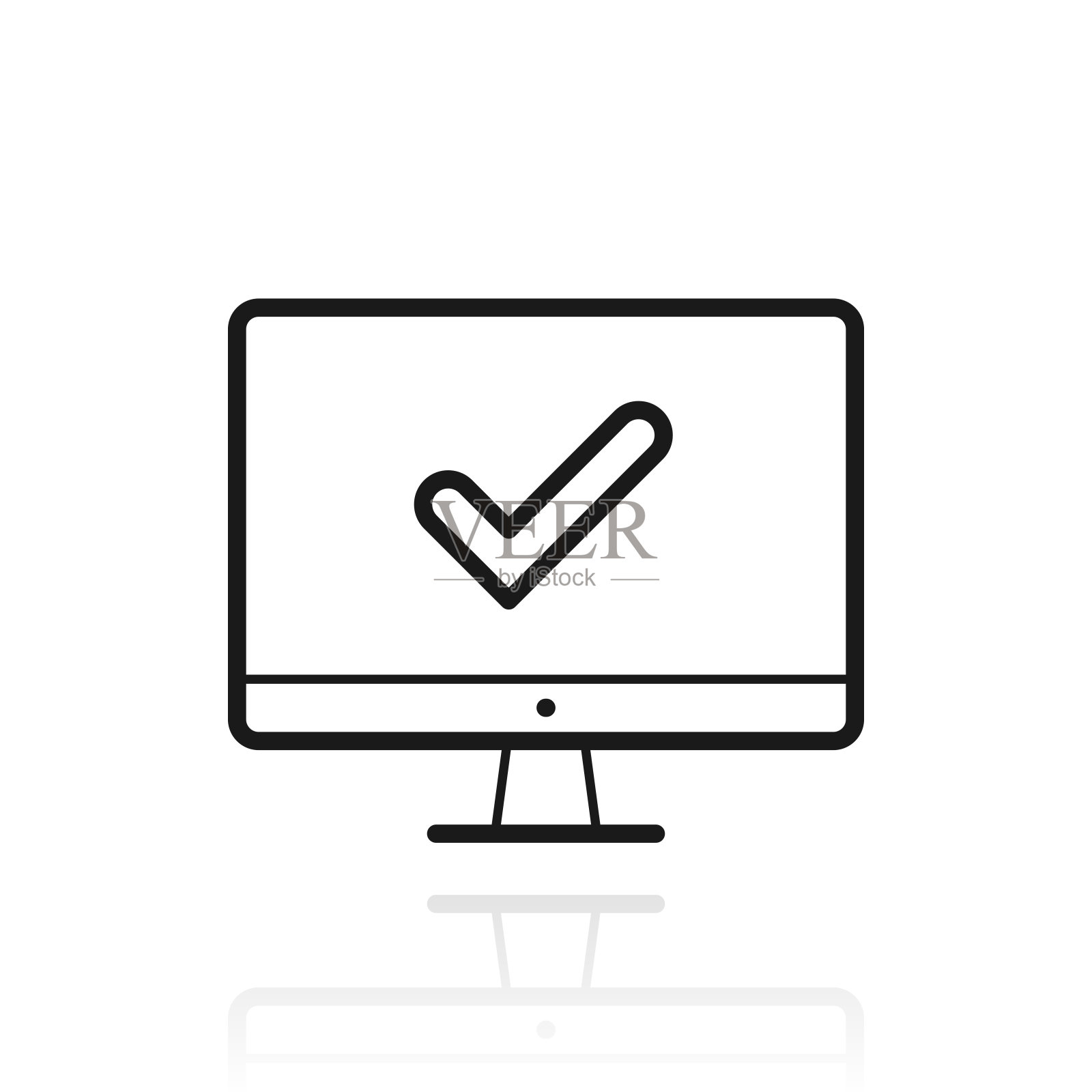 带有对号的台式电脑。白色背景上反射的图标设计元素图片
