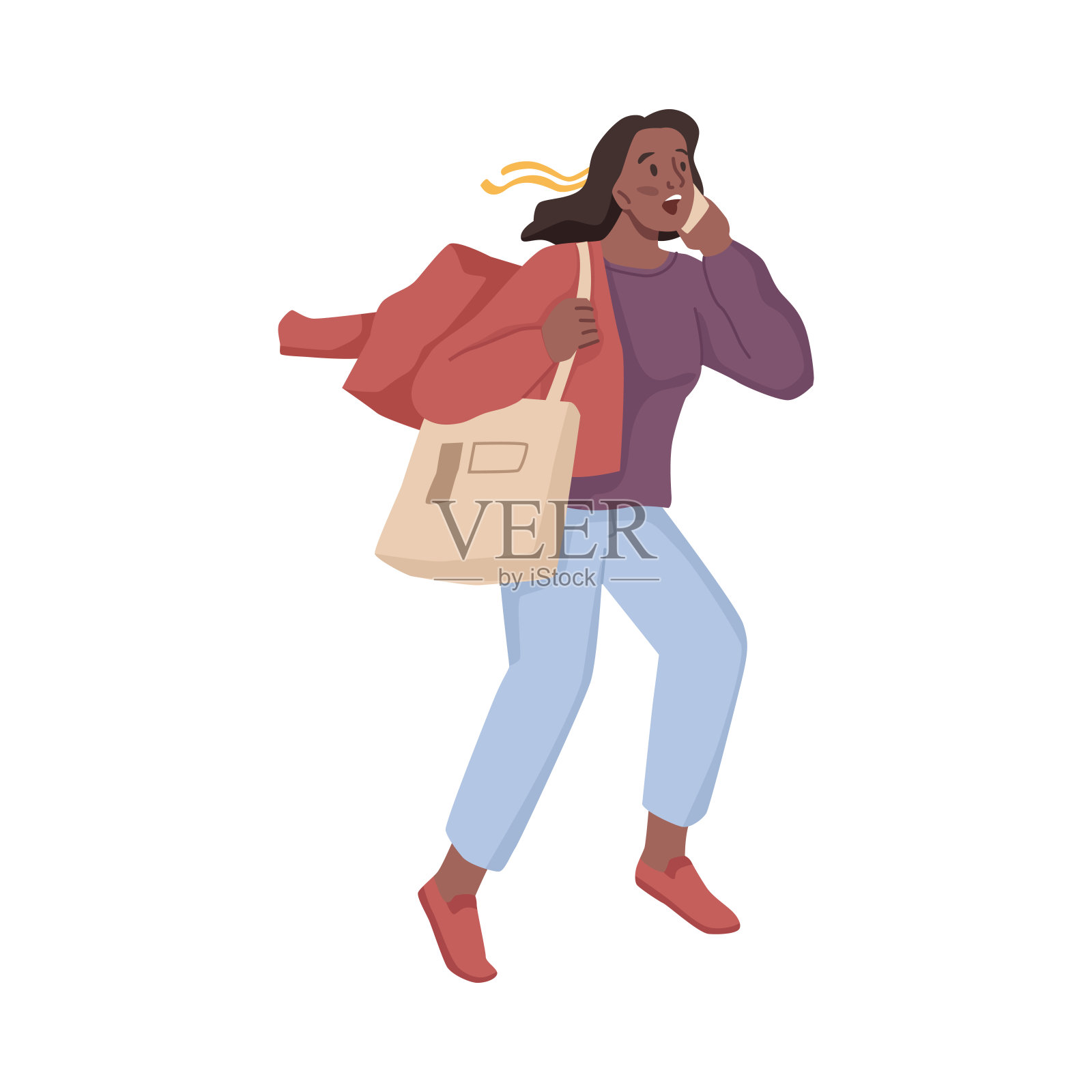 女性人士在智能手机上聊天，匆忙穿上衣服，快速奔跑。上班或见客户迟到，赶紧。平面卡通人物，矢量插图插画图片素材