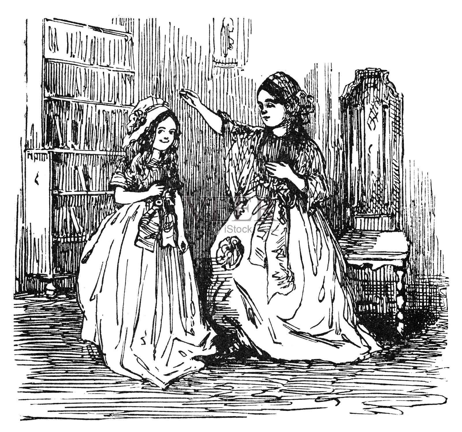 母亲和女儿在图书馆聊天插画图片素材