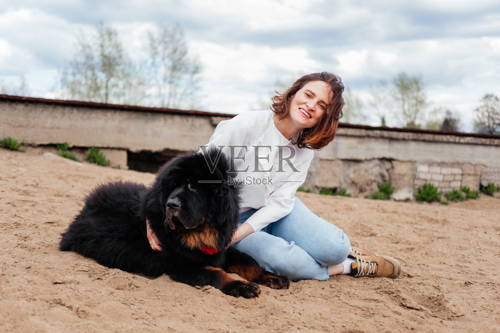 一名女子亲吻和拥抱坐在户外沙滩上的藏獒。女孩和狗在沙滩上玩耍照片摄影图片