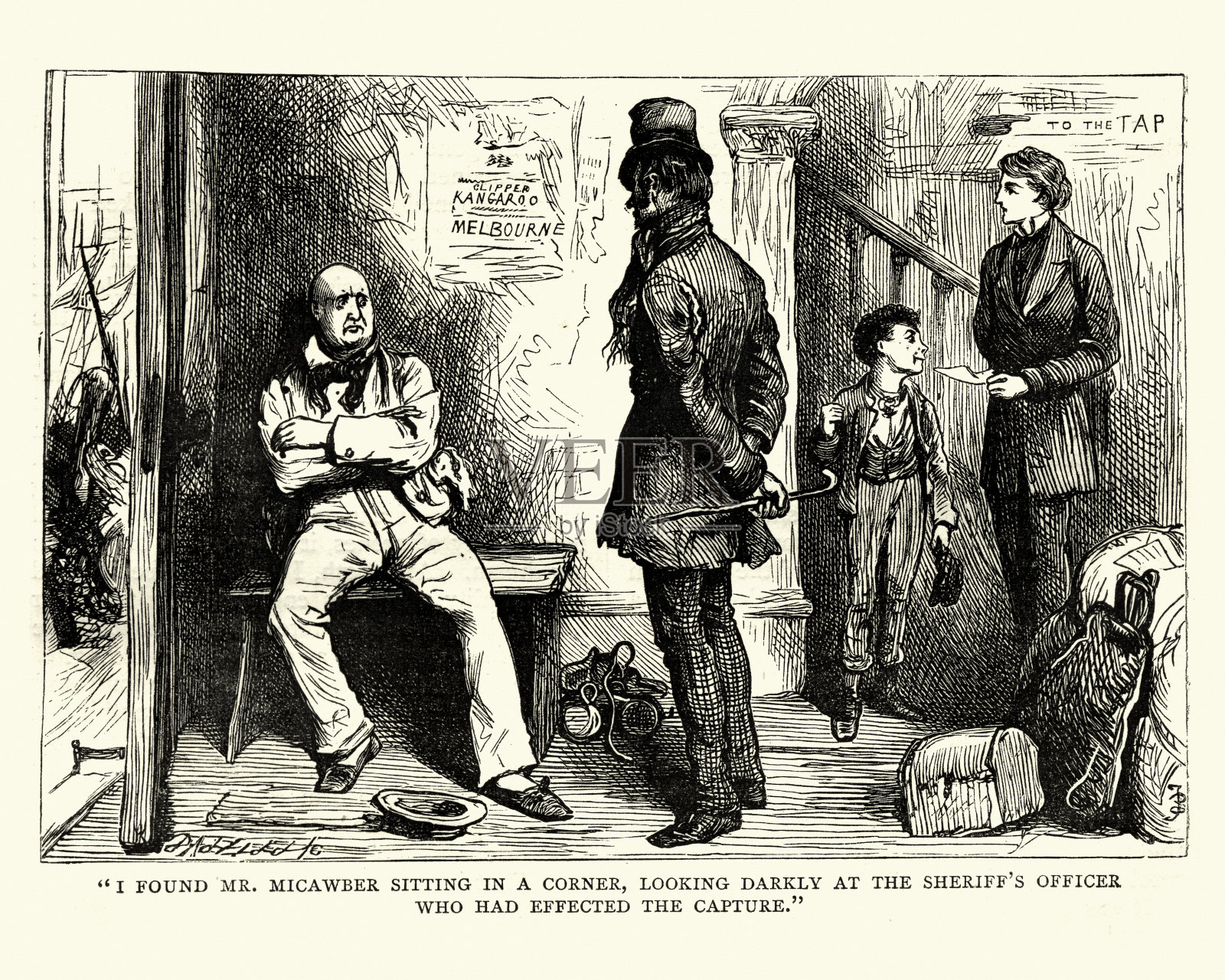 狄更斯，大卫·科波菲尔，发现米考伯先生坐在角落里插画图片素材
