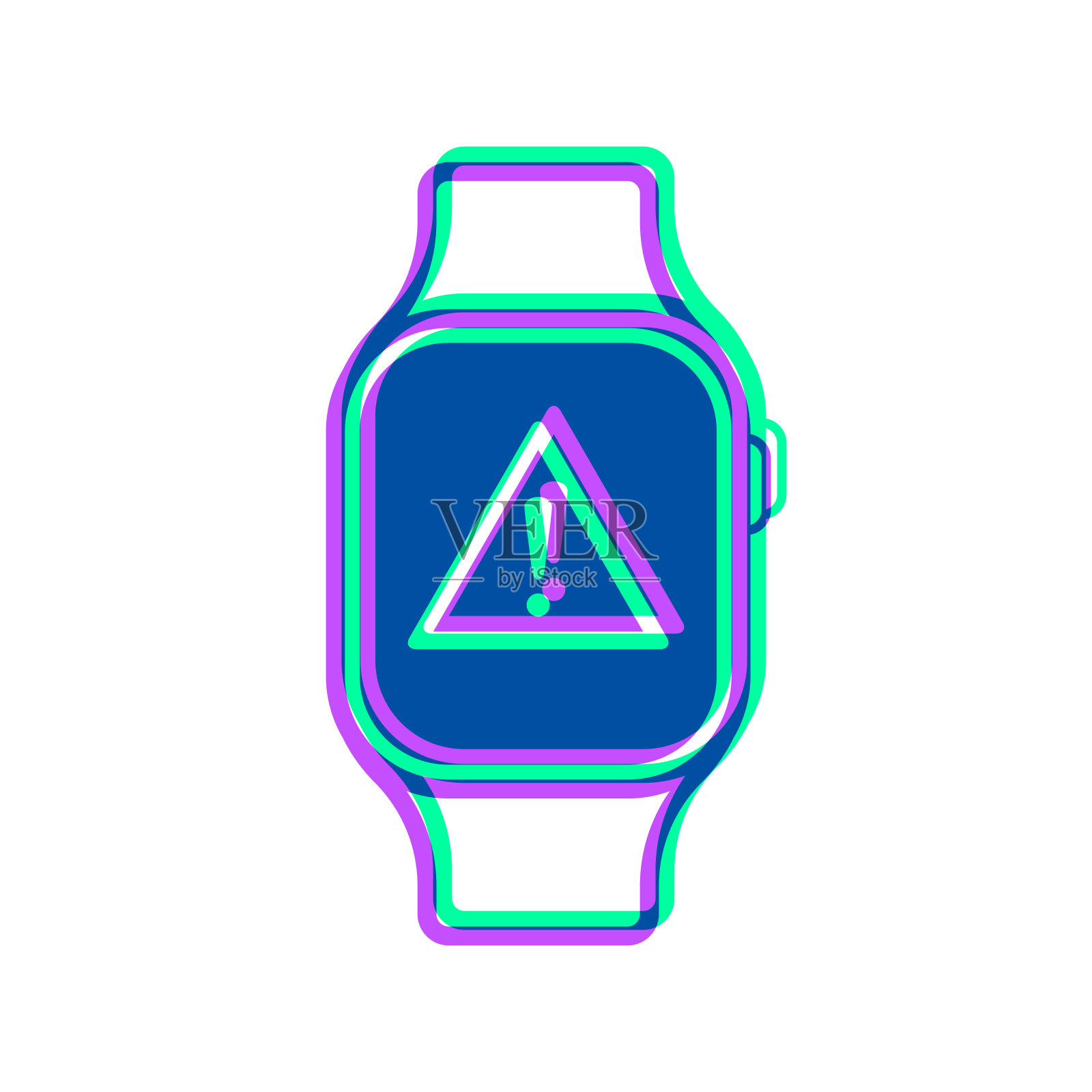 带有危险警告注意的智能手表。图标与两种颜色叠加在白色背景上插画图片素材