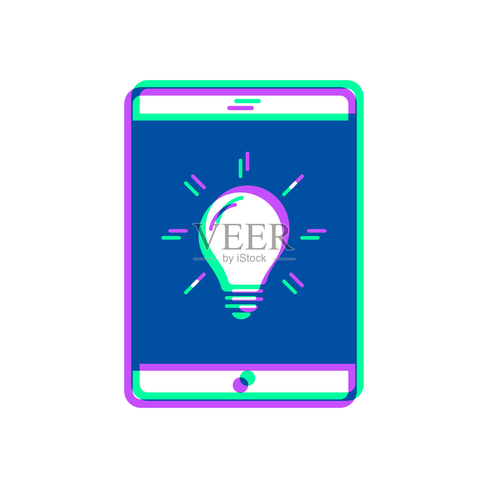 带灯泡的平板电脑。图标与两种颜色叠加在白色背景上插画图片素材