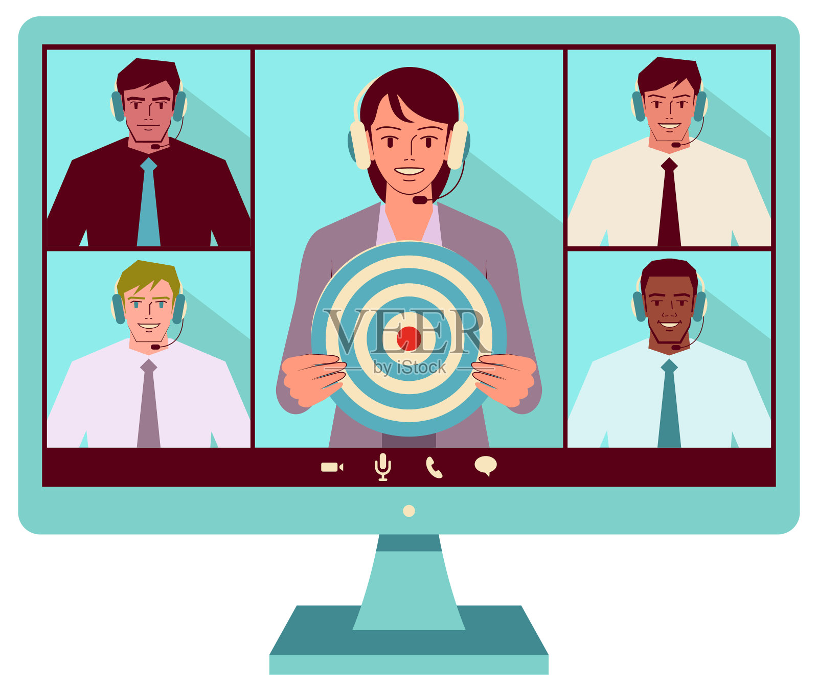 一位女商人在参加视频会议时向四位商人展示一个目标(多民族团体)插画图片素材