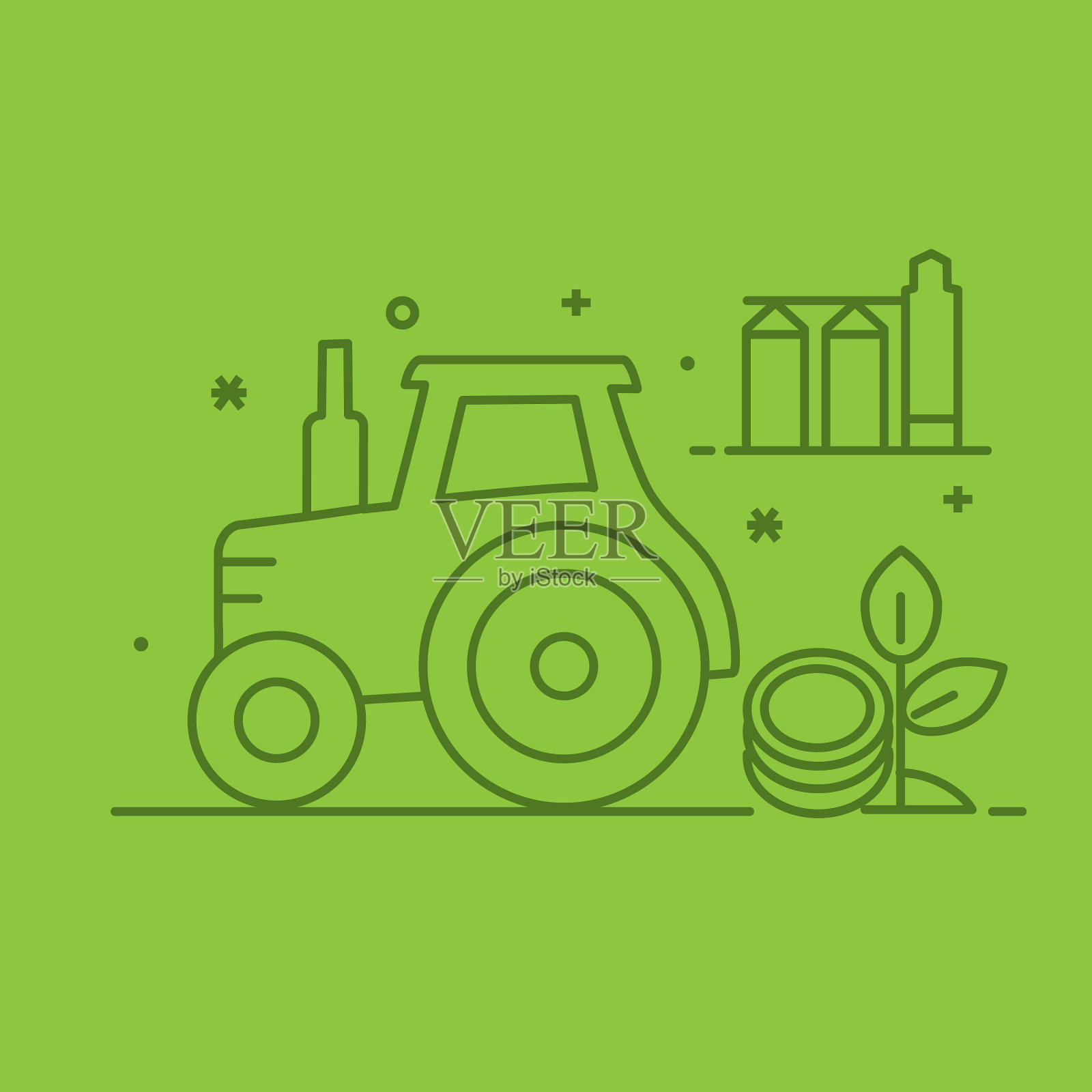 现代农场和农业图标概念拖拉机与经济作物和粮食升降机彩色细线风格-可编辑的stroke插画图片素材