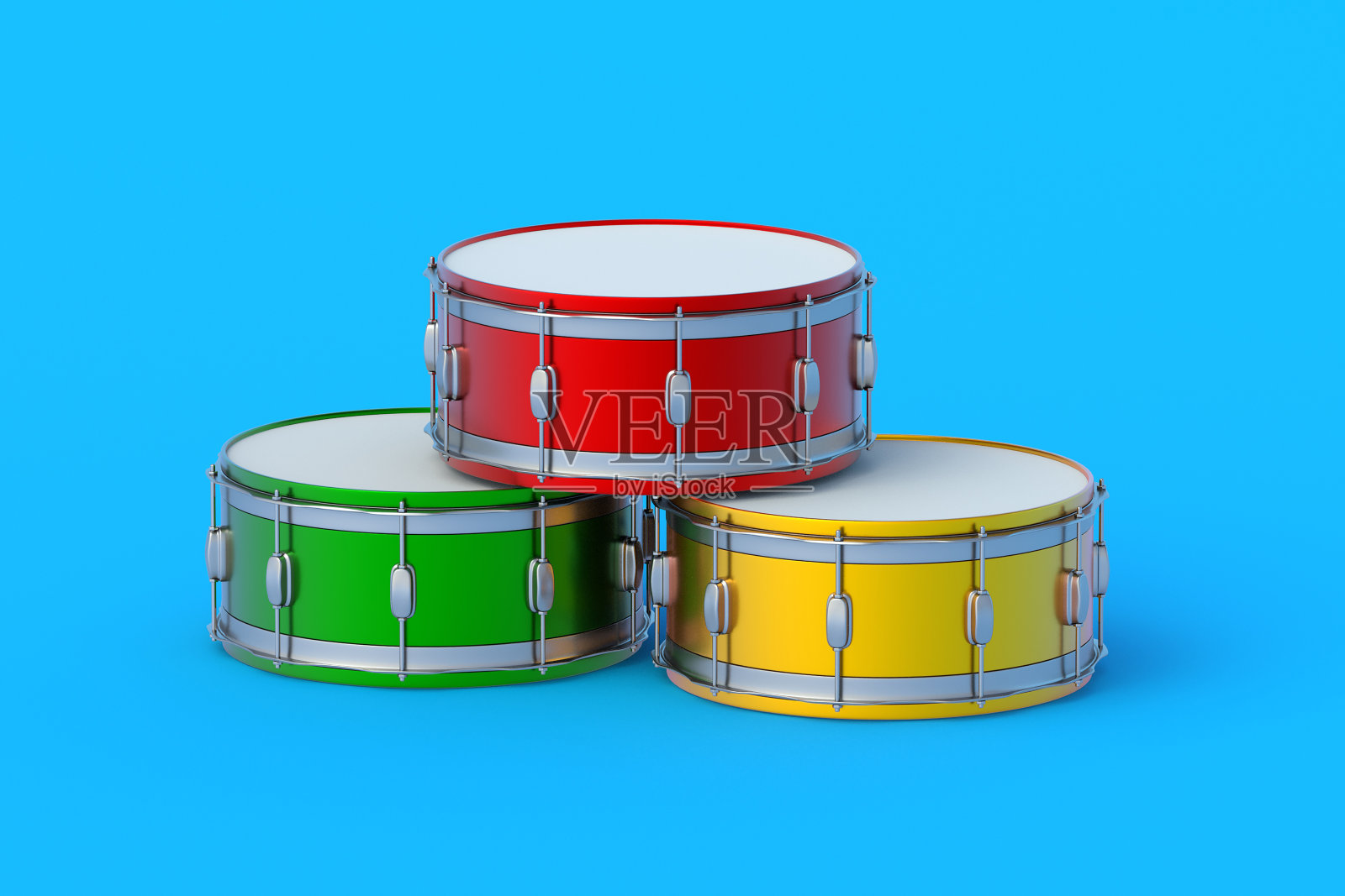 堆鼓在蓝色的背景。打击乐器。三维渲染照片摄影图片
