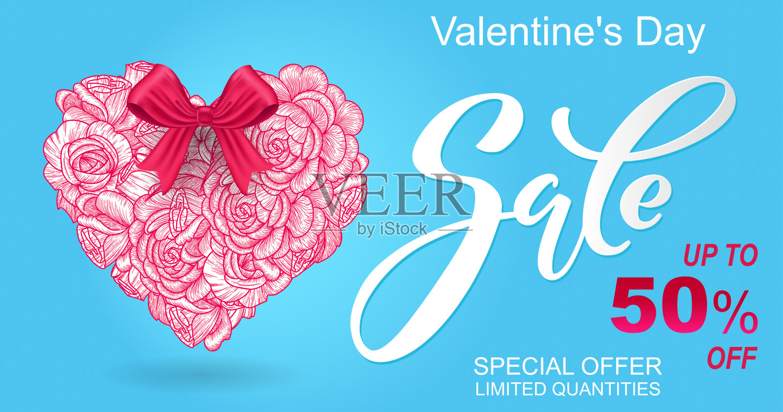 情人节销售背景。玫瑰花手绘心。用红色的礼物蝴蝶结。矢量插图的营销和宣传材料。插画图片素材