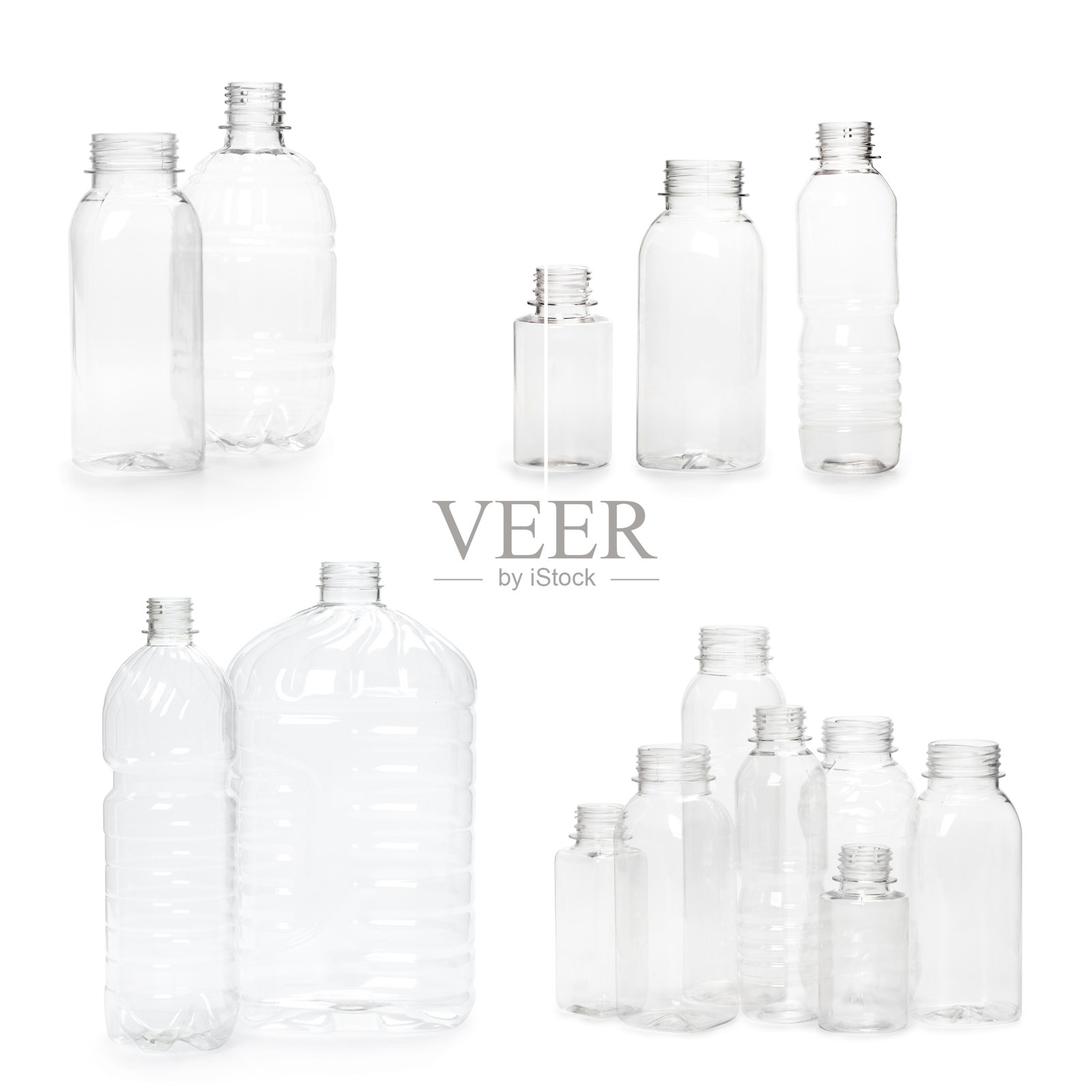 集拼贴许多不同的空塑料瓶孤立在白色背景。生产新容器照片摄影图片