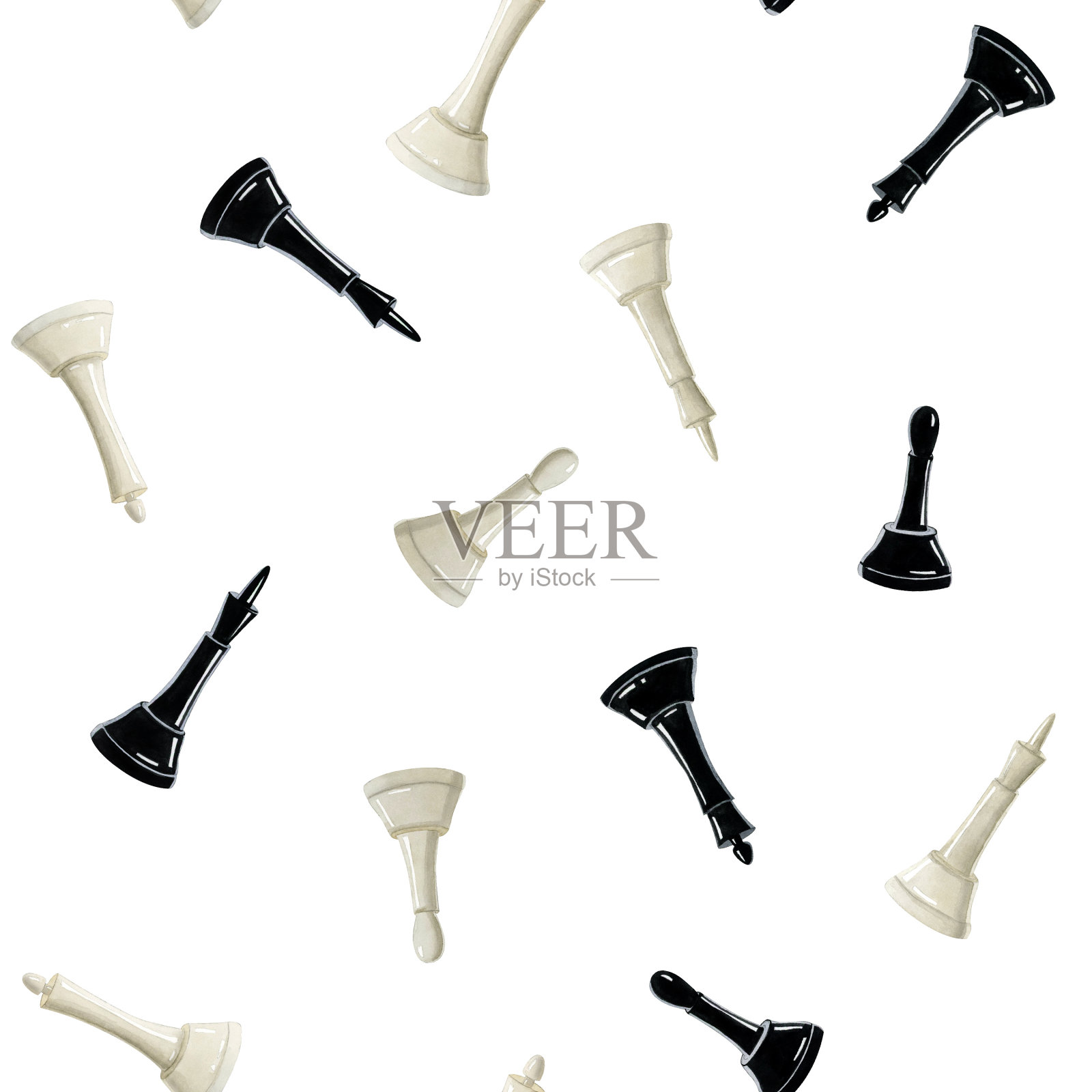 水彩黑白棋子无缝图案，以国王、王后和主教为布料、纺织品、织物、包装纸和小册子设计插画图片素材