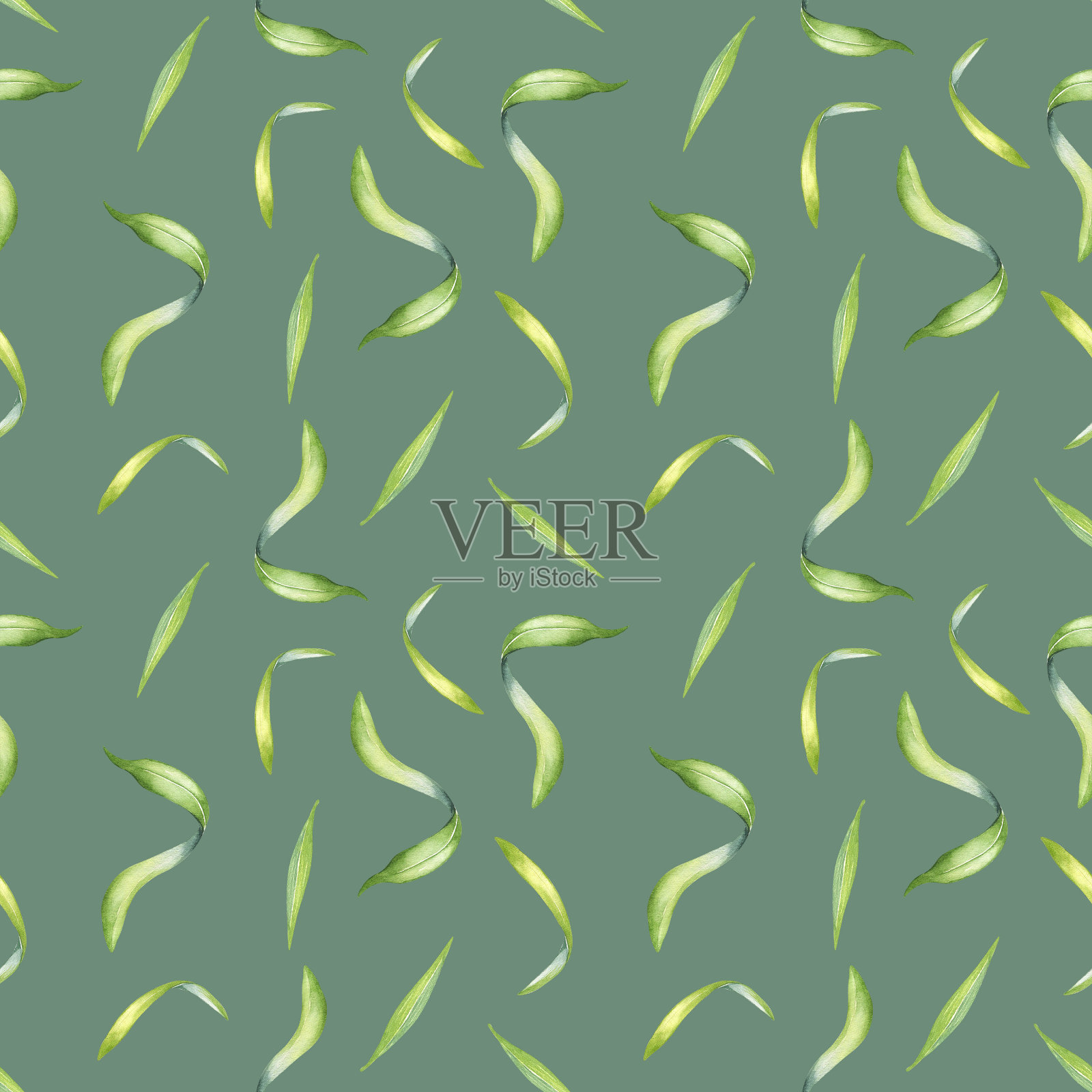 巴西莓树的棕榈叶水彩无缝图案孤立在灰色。热带棕榈的绿色早午餐，异国情调的叶子手绘。用于包装、包装、纺织品、背景、纸张的设计元素插画图片素材