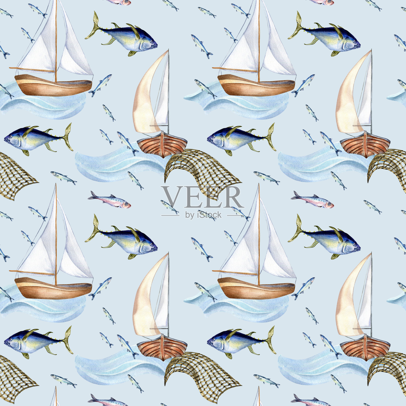无缝图案的海鱼和帆船水彩插图孤立的蓝色。渔船，海浪和金枪鱼，手绘。用于纺织品、包装、包装、背景、市场的设计元素插画图片素材