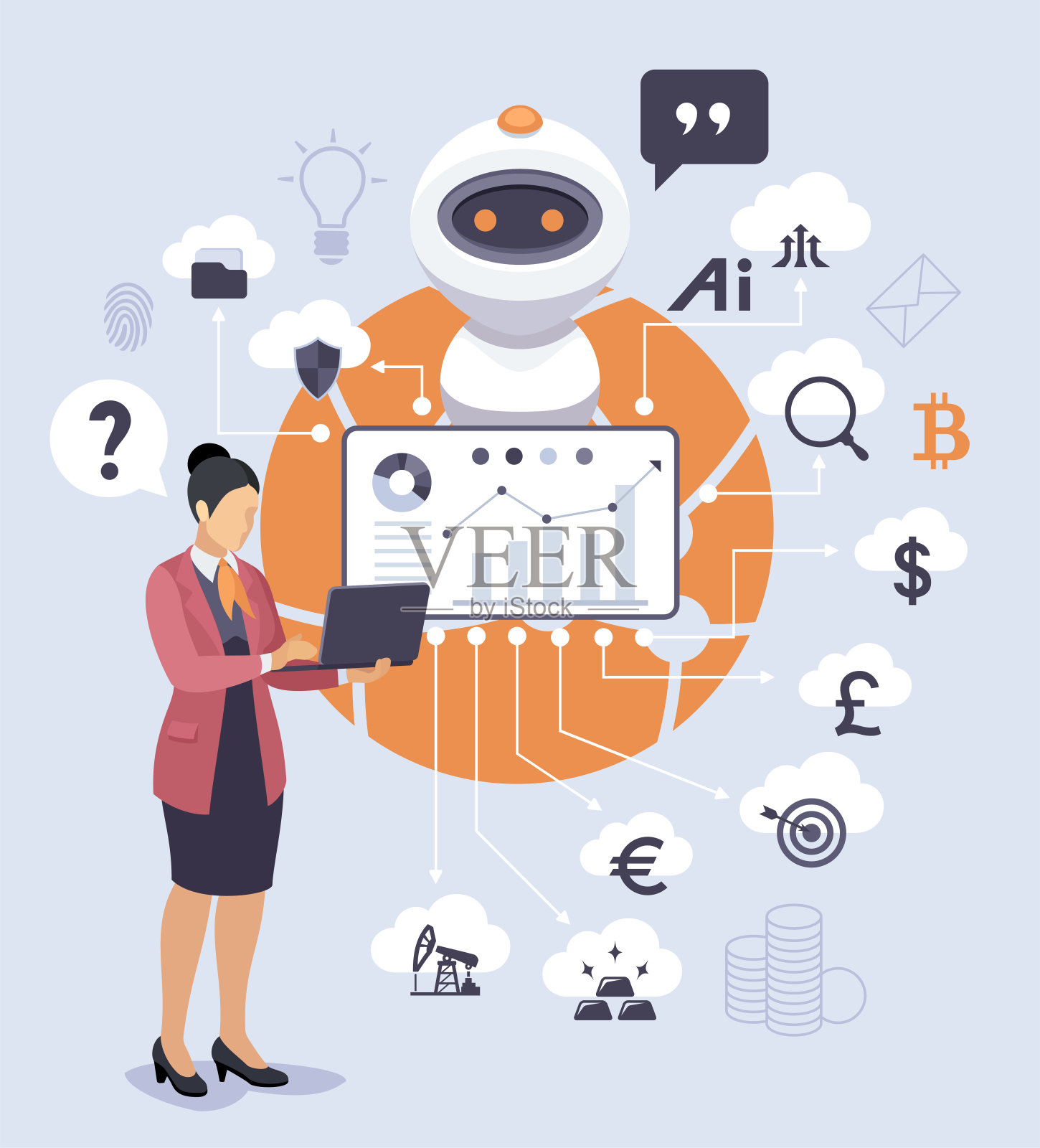 新商业概念。技术和金融趋势。具有字符分析信息图的机器人。插画图片素材