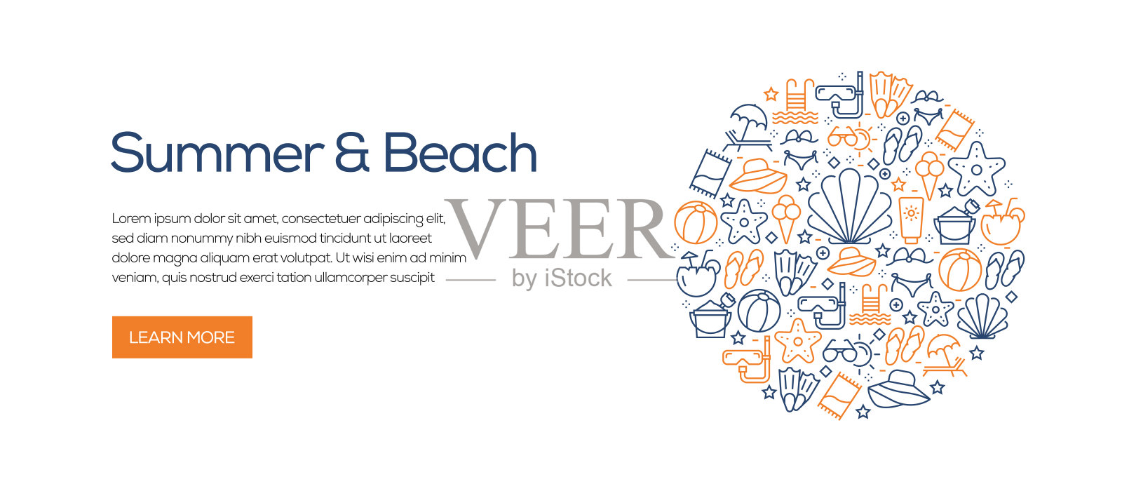 夏季和海滩横幅模板与线图标。现代矢量插图广告，标题，网站。插画图片素材