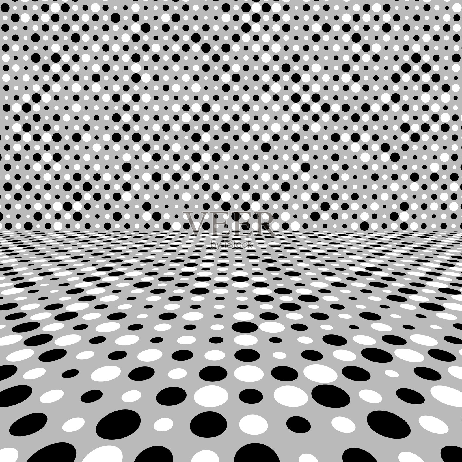 黑色和白色圆形图案的地板和墙壁，在透视插画图片素材