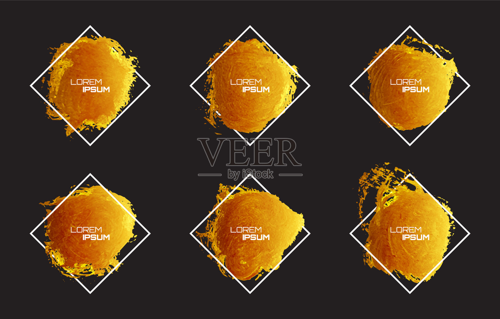 金色的油漆笔触孤立在黑暗的背景。优雅的画笔套装。Grunge纹理效果包。平面设计元素肮脏的风格概念的广告，报价，大，巨型，或闪购插画图片素材