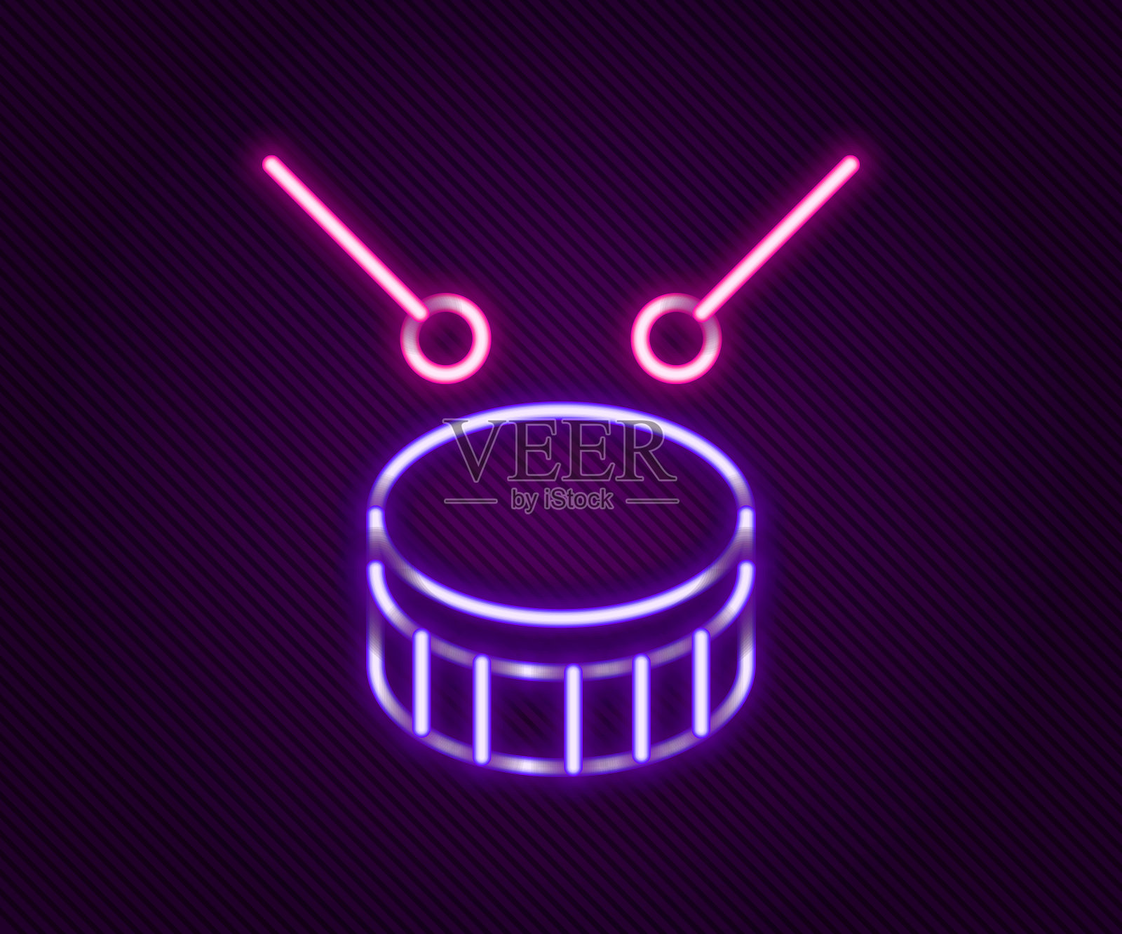 发光的霓虹灯线鼓与鼓棒图标孤立的黑色背景。音乐符号。乐器符号。色彩缤纷的轮廓概念。向量插画图片素材