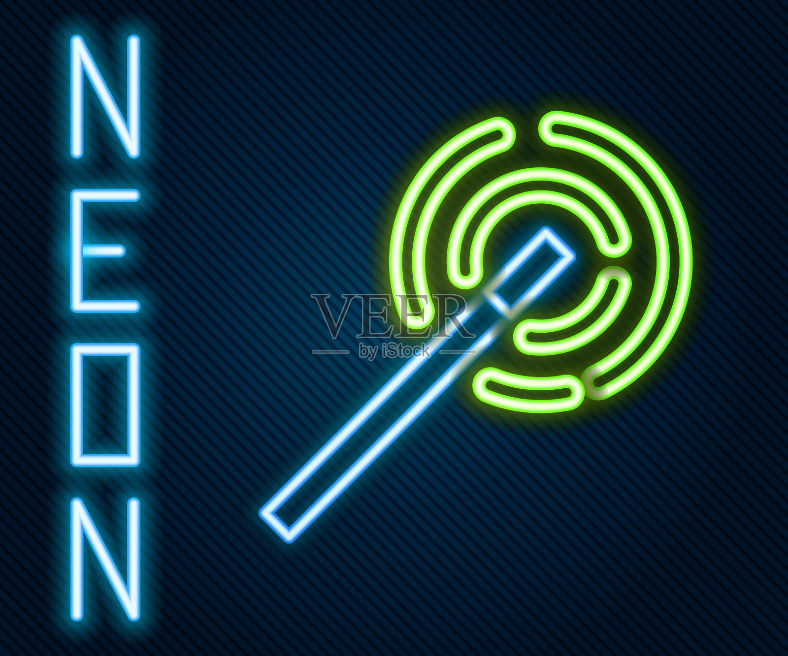 发光的霓虹线魔术棒图标孤立的黑色背景。星形魔法配件。神奇的力量。色彩缤纷的轮廓概念。向量插画图片素材