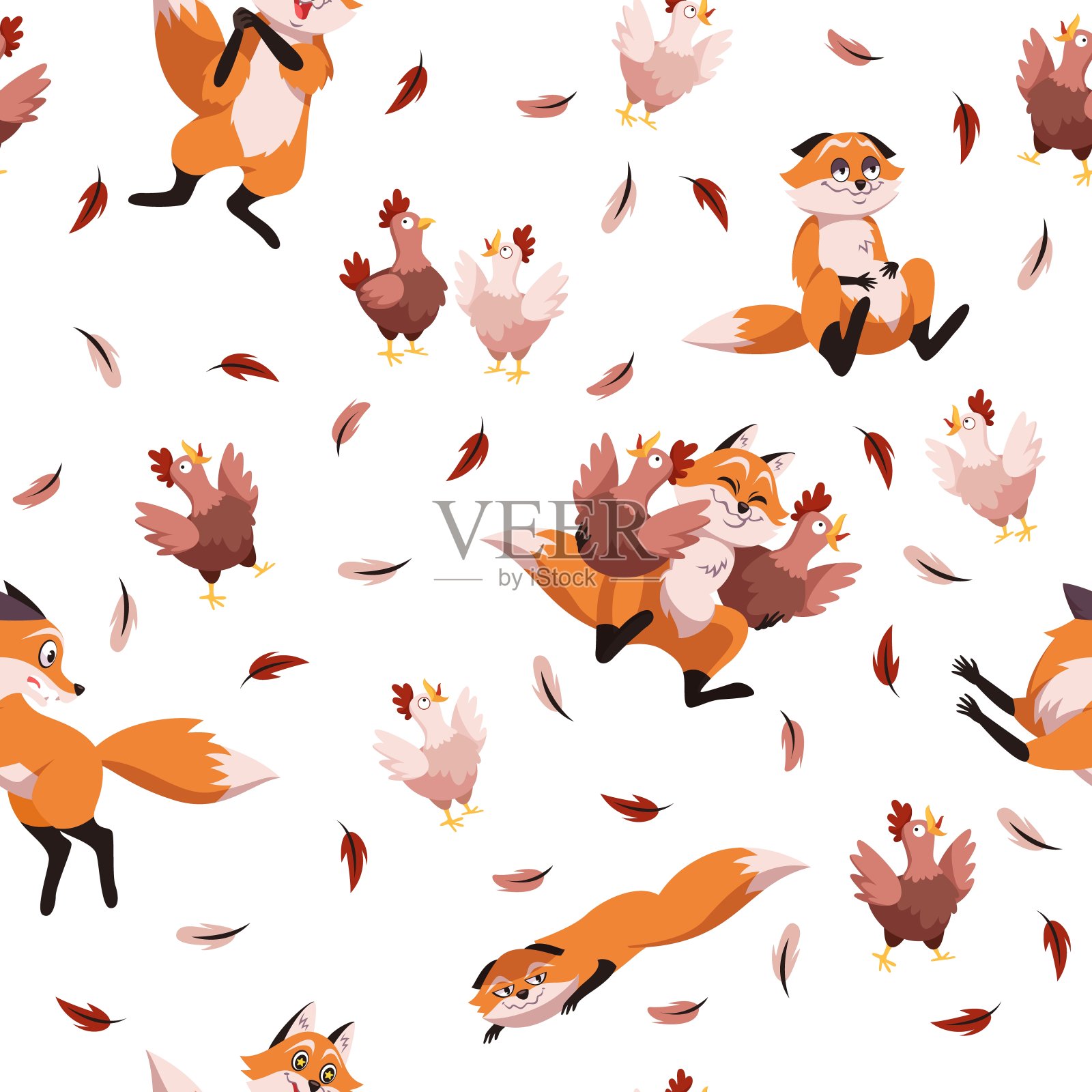 鸡和狐狸的无缝图案。有趣的幼稚织物印花与狡猾的野生动物。装饰纺织品、包装纸、墙纸设计。卡通平面孤立元素。向量的概念插画图片素材
