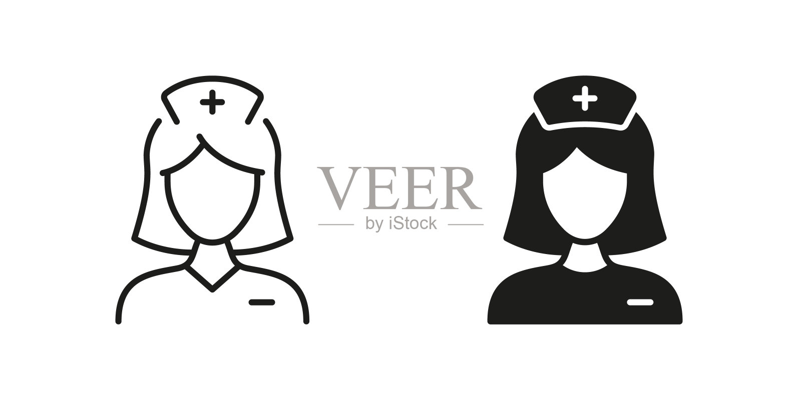 医院员工象形图。女医生线和轮廓黑色图标集。女性医学专家标志。医疗保健专业医师。护士符号收藏。孤立矢量图插画图片素材