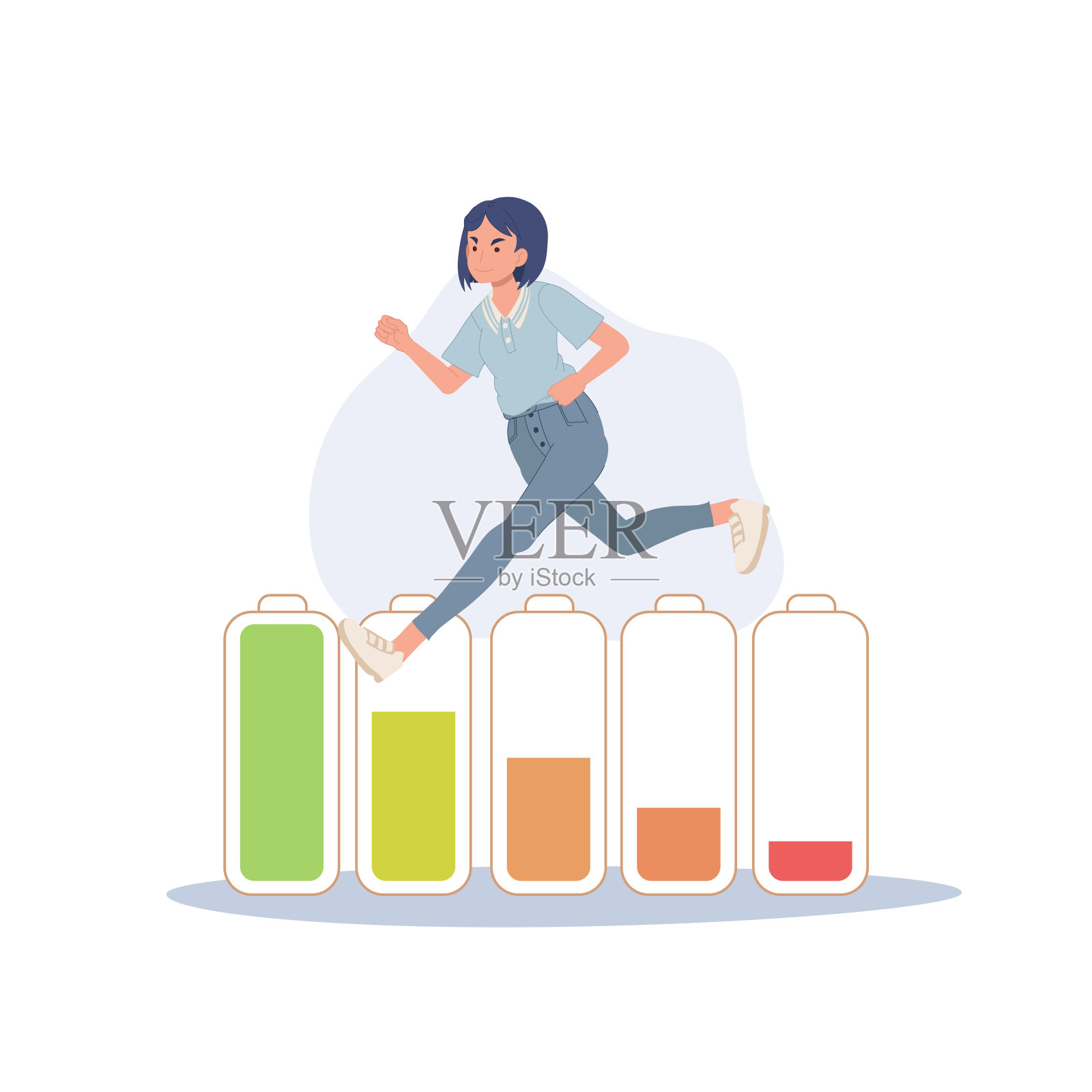 力量、健康、活力和决心的概念。女人跑步上面的能量图标。平面矢量卡通插图插画图片素材