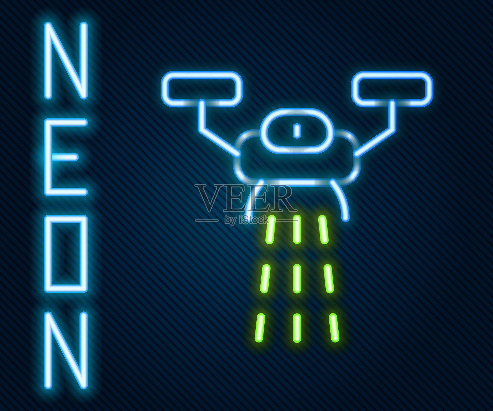 发光的霓虹灯线智能农场与无人机控制种子种植图标隔离在黑色背景。农业企业创新技术。色彩缤纷的轮廓概念。向量插画图片素材