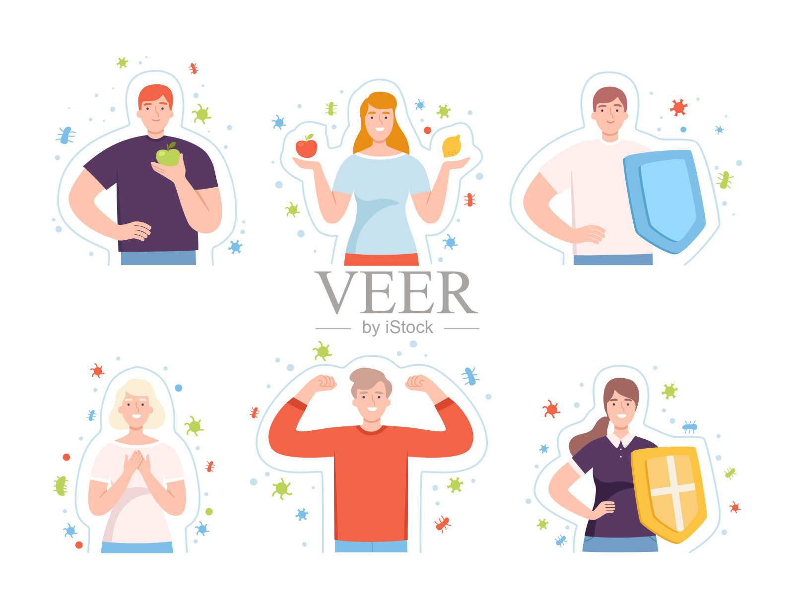 年轻的男性和女性与病原体和细菌载体的无形屏障插图集插画图片素材