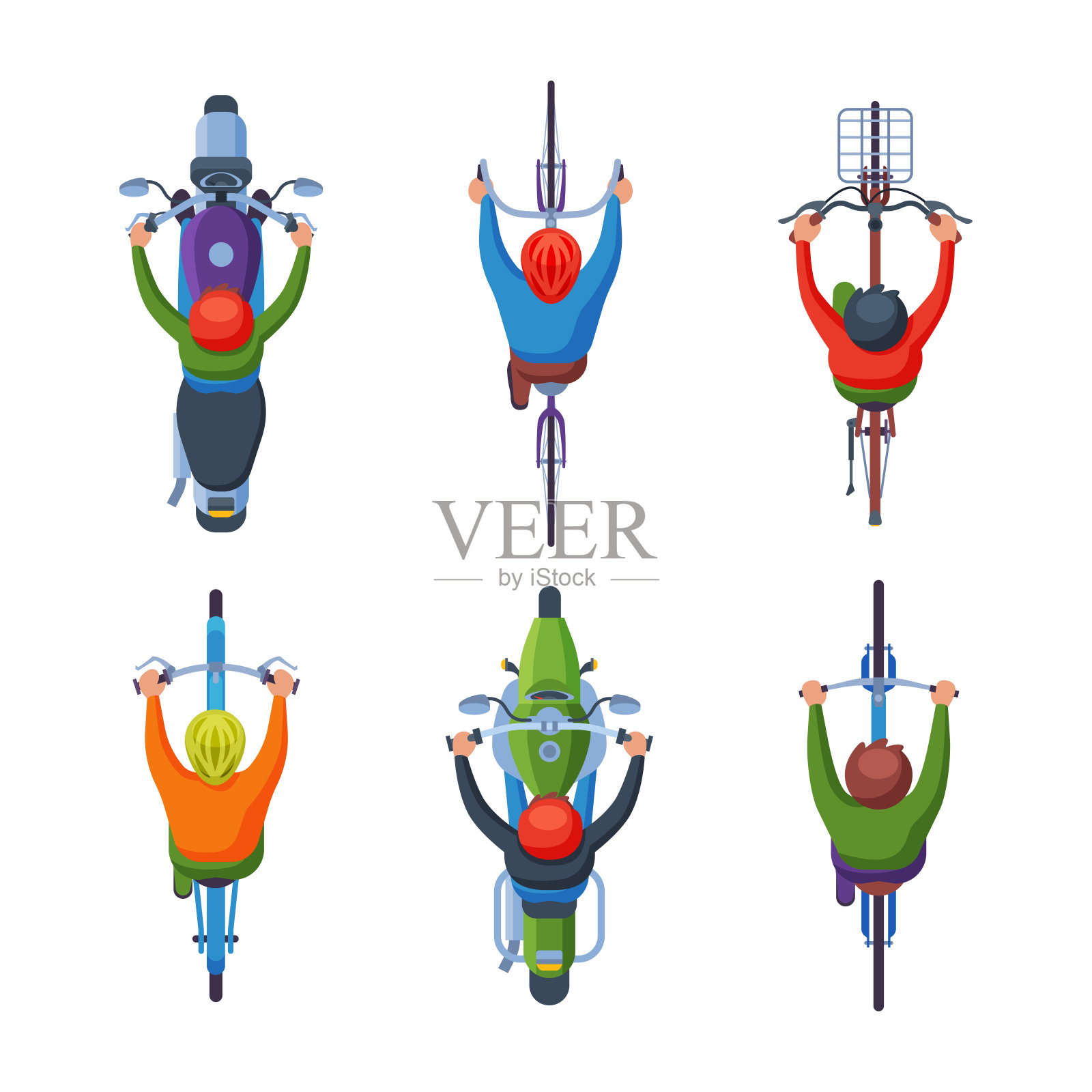 人们驾驶摩托车和骑自行车拿着车把以上视图向量集插画图片素材