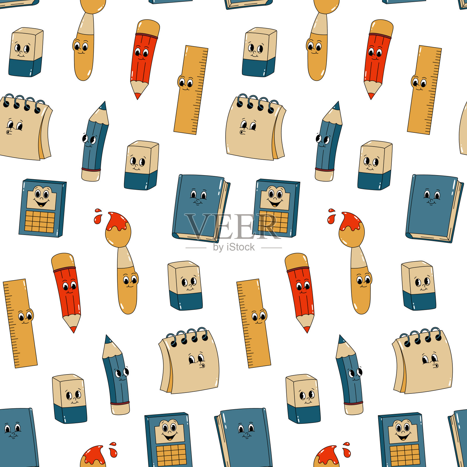 矢量无缝图案与卡通复古吉祥物文具彩色插图-铅笔，书，笔记本和画笔。复古风格的30、40、50年代的老动画。插画图片素材