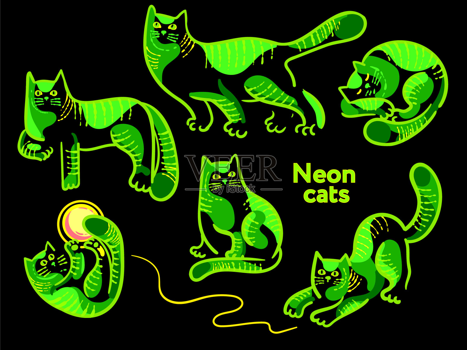 霓虹猫矢量集(不同姿势)插画图片素材
