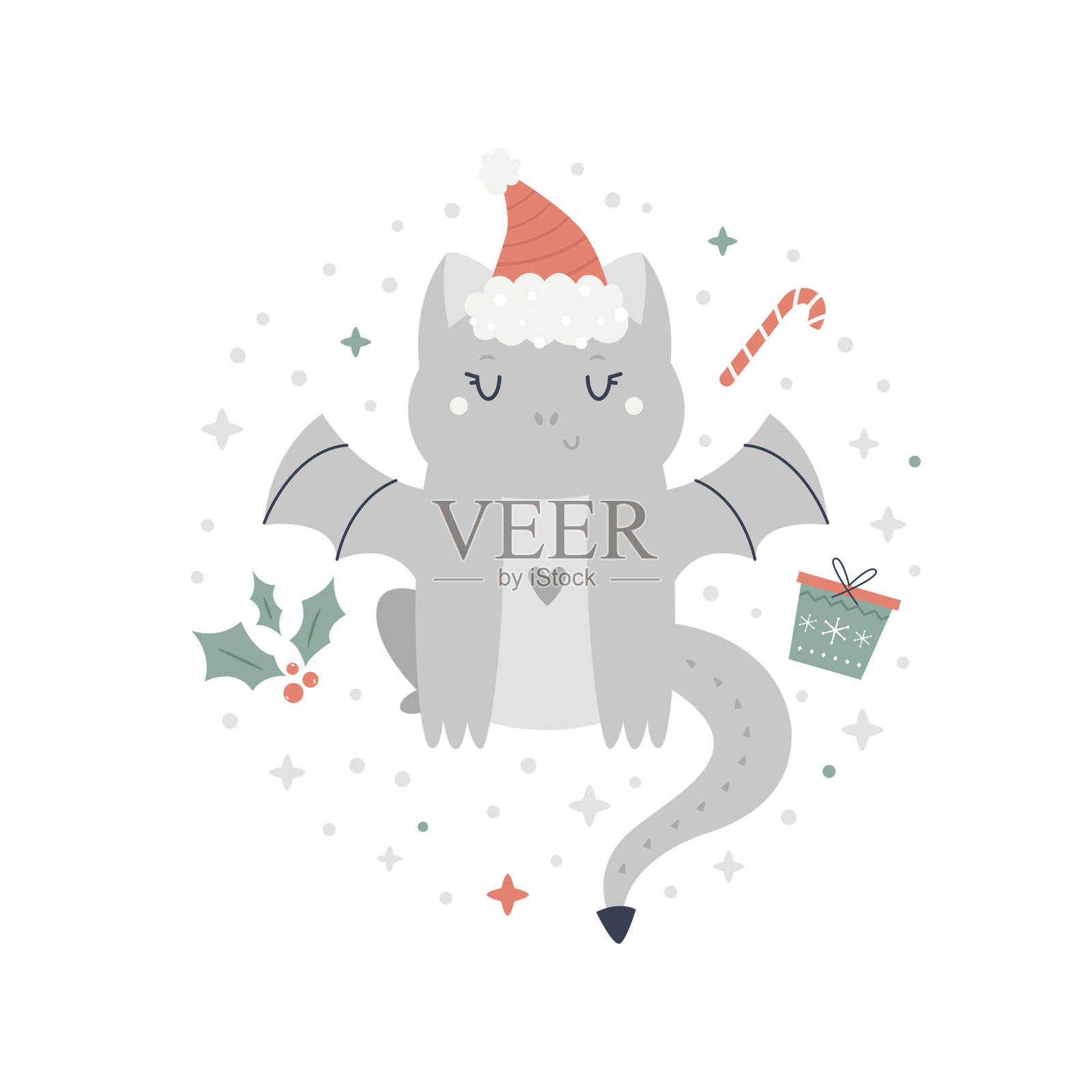 圣诞假期插图可爱的龙在圣诞老人的帽子插画图片素材