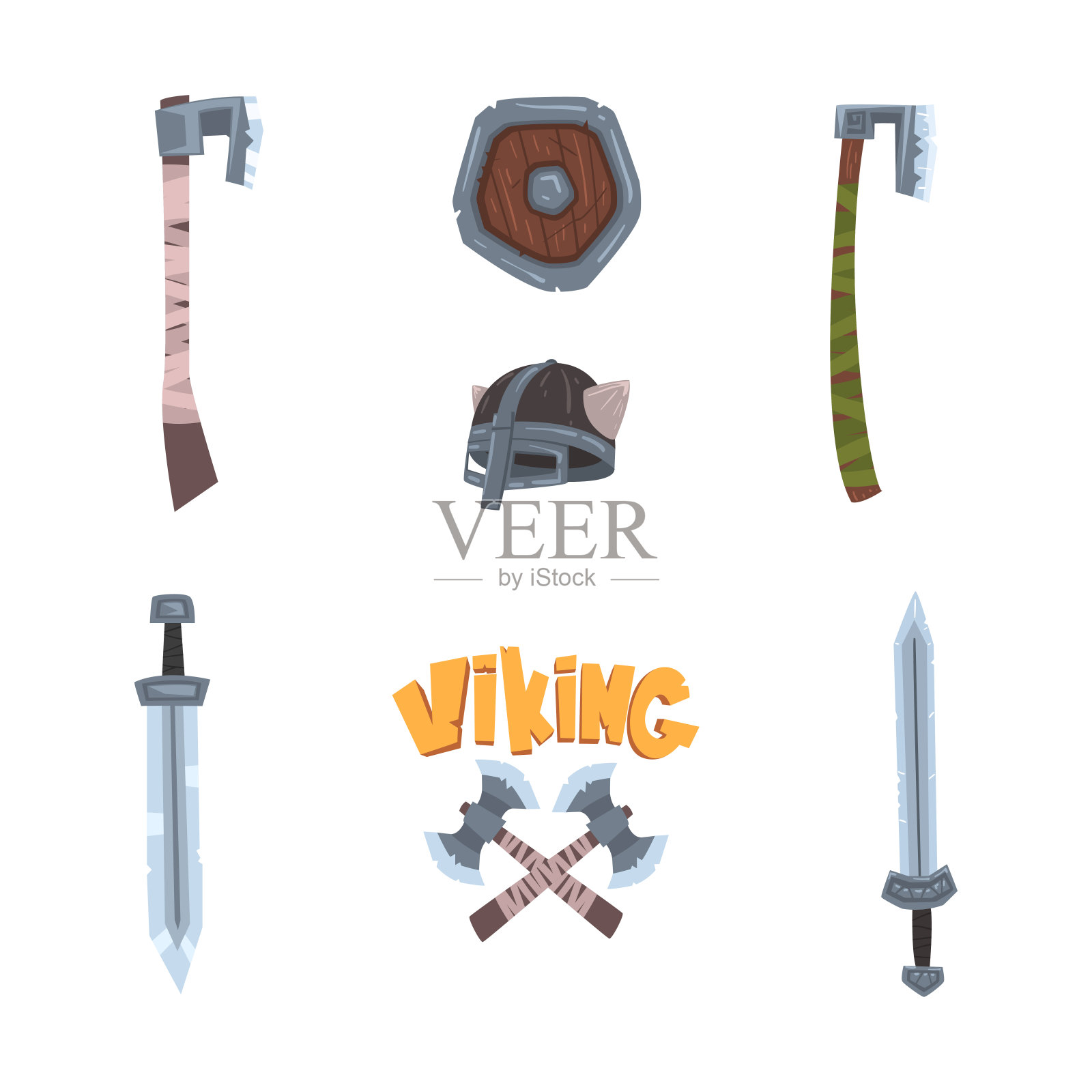 维京武器与斧头，剑和盾矢量集插画图片素材