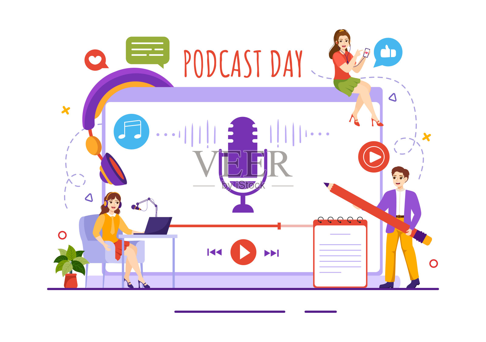 国际播客日矢量插图9月30日与广播工作室工具事件直播卡通手绘模板插画图片素材