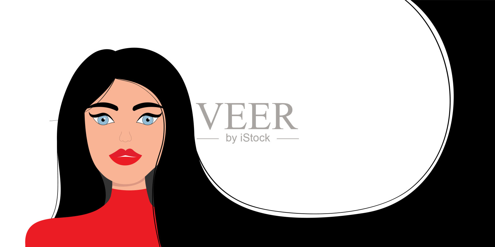 女人的肖像。黑色的长发。少女的脸。漂亮的女士，女性。头发的发型。社交网络的化身。红色口红化妆。行横幅。平面设计。白色背景。插画图片素材