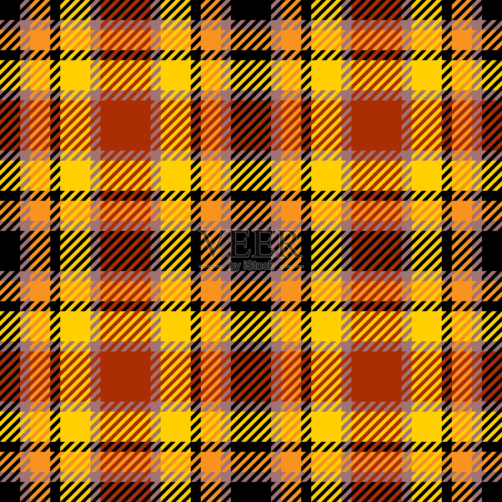 格子格子无缝图案。传统抽象几何方格背景在橙色，黄色和黑色。万圣节色彩斑斓的纺织品图案插画图片素材