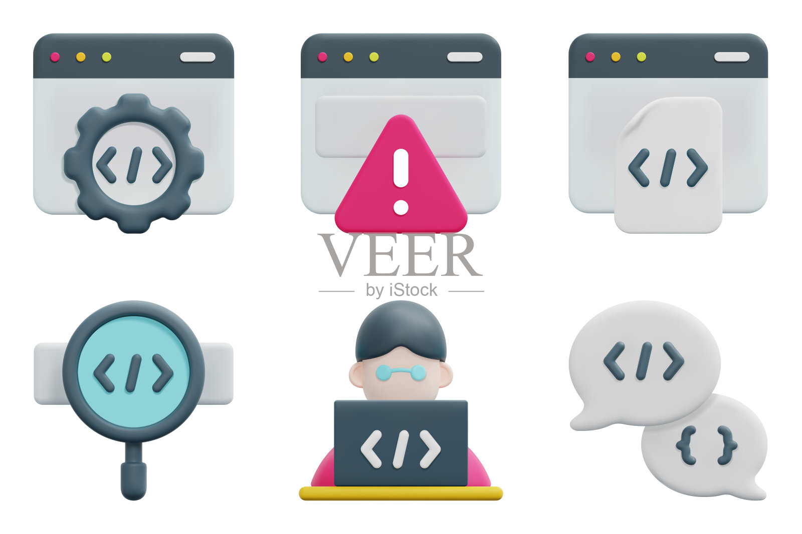 编码3d矢量图标集。代码优化，开发人员，错误，消息，搜索，web编码。孤立在白色背景上。3d图标矢量渲染插图。图标素材