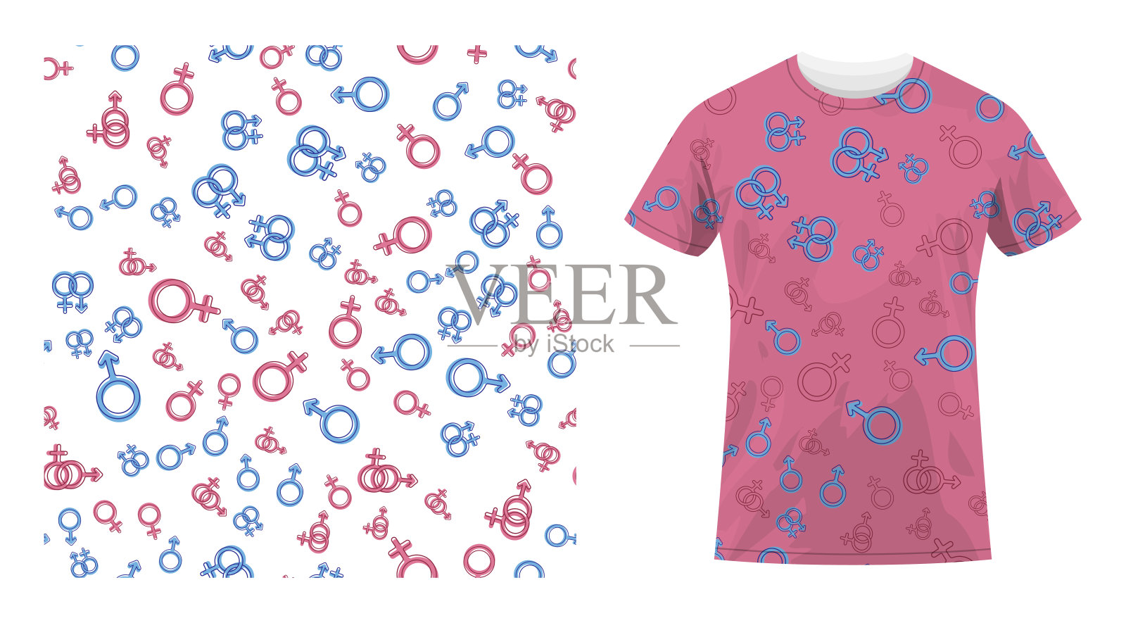 短袖纯棉运动t恤装饰男女符号无缝图案。性别标志。舒适的夏装。矢量装饰设计的纺织品和织物插画图片素材