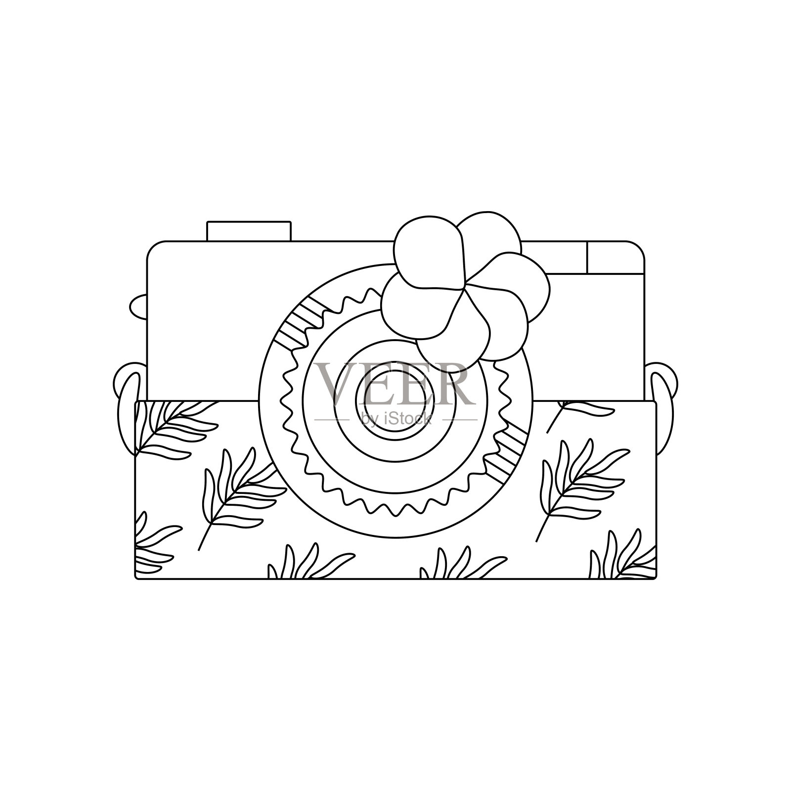 相机。夏季旅行的海滩。海上度假的度假配件。线的艺术。插画图片素材