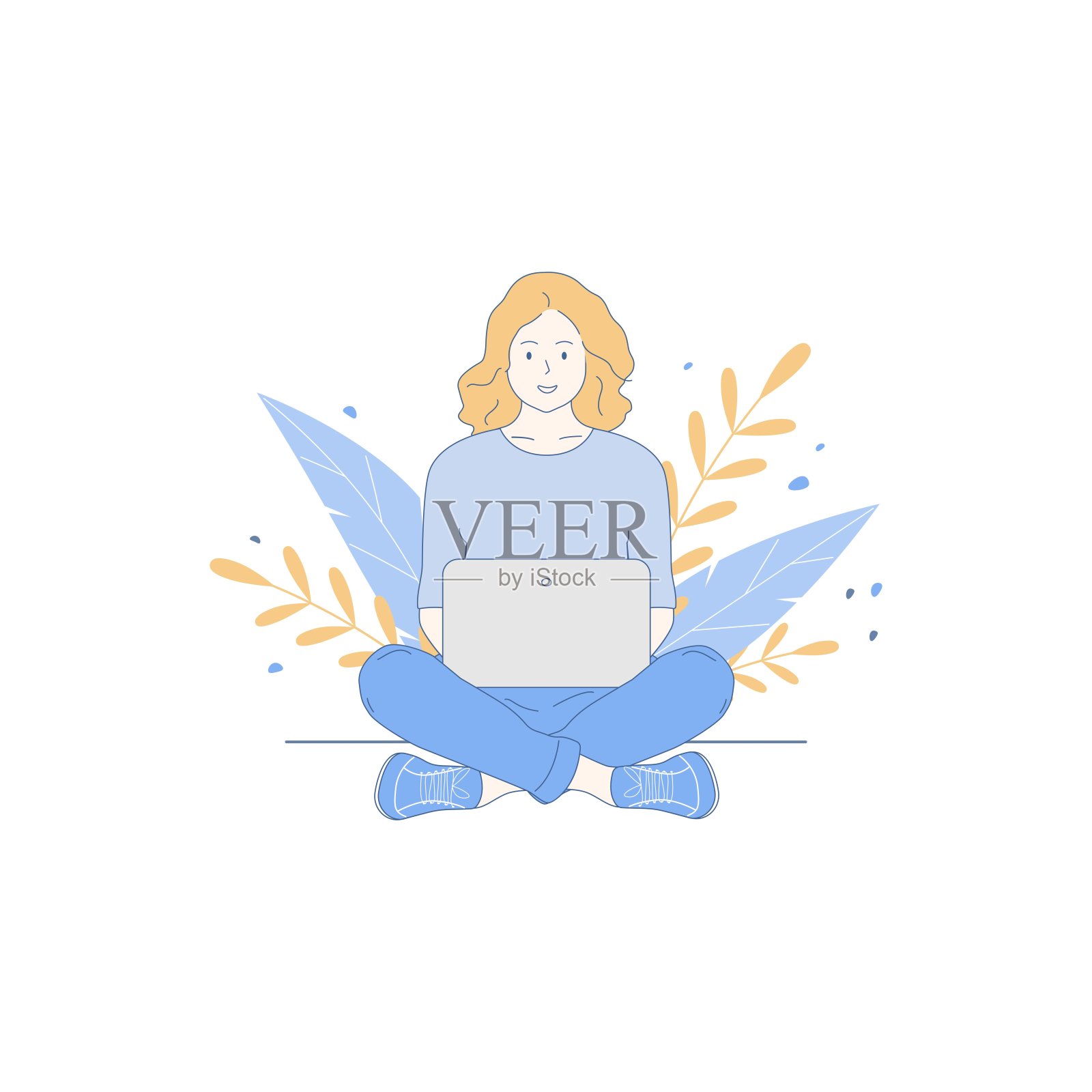 有笔记本电脑的女孩插画图片素材