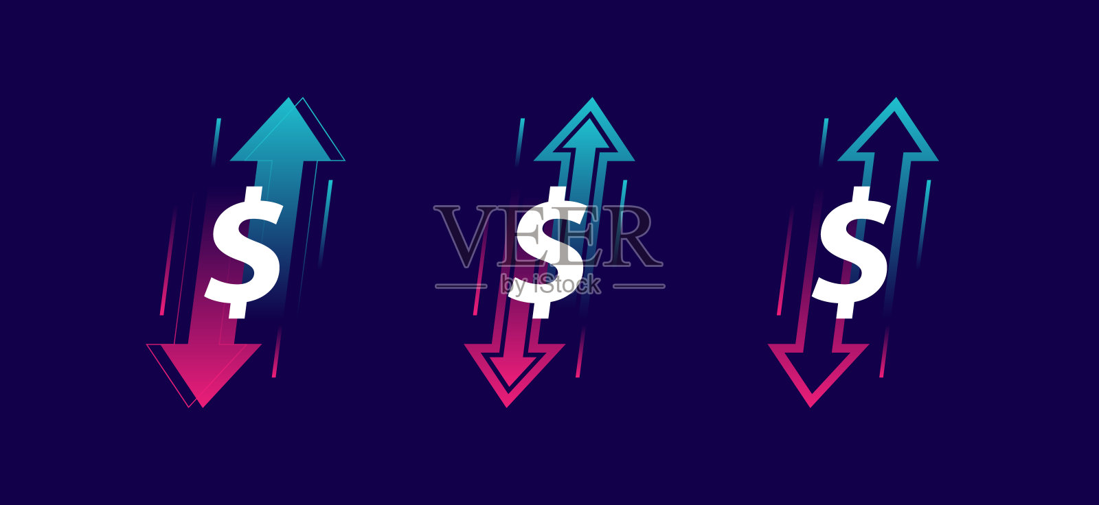 向上和向下的趋势箭头与美元符号孤立在黑暗的背景。上下方向不同的两支箭。证券交易所的概念，交易者的盈亏，涨跌插画图片素材