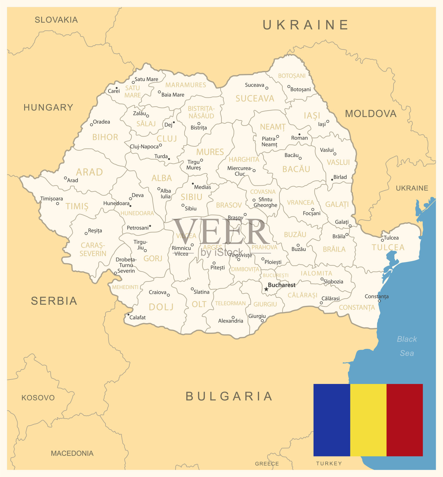罗马尼亚-详细的地图，有行政区划和国旗。矢量图插画图片素材