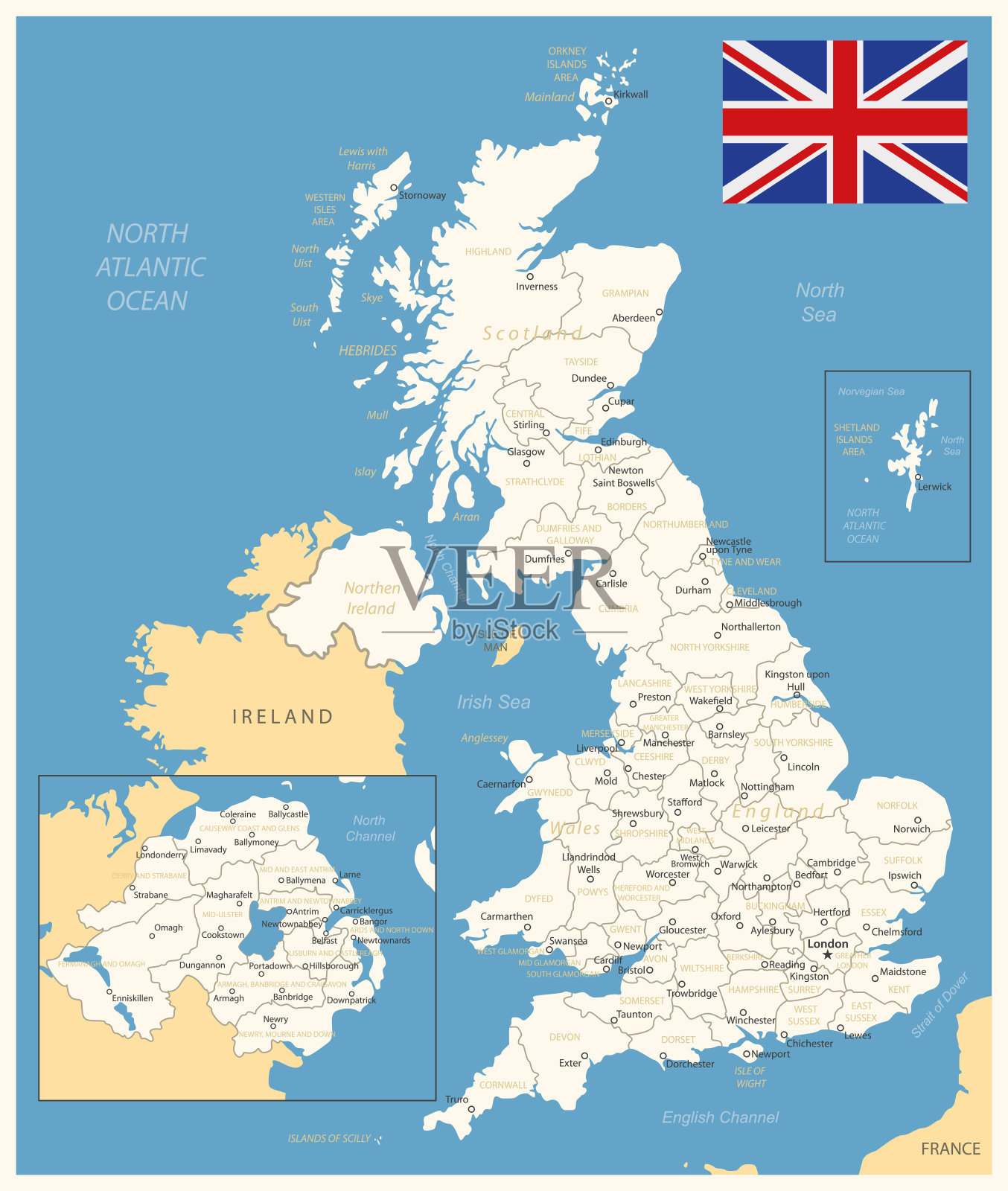 英国-带有行政区划和国旗的详细地图。矢量图插画图片素材
